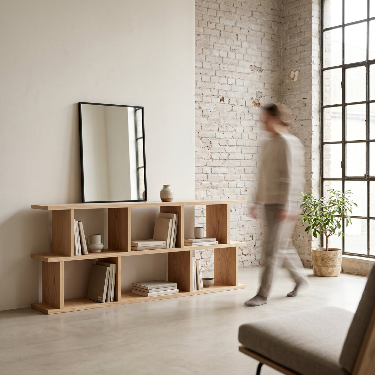 The Elm solid oak Japandi bookcase styled in a modern home office
