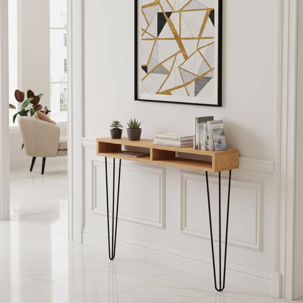 Solid oak console table with metal hairpin legs styled in a UK entryway hallway