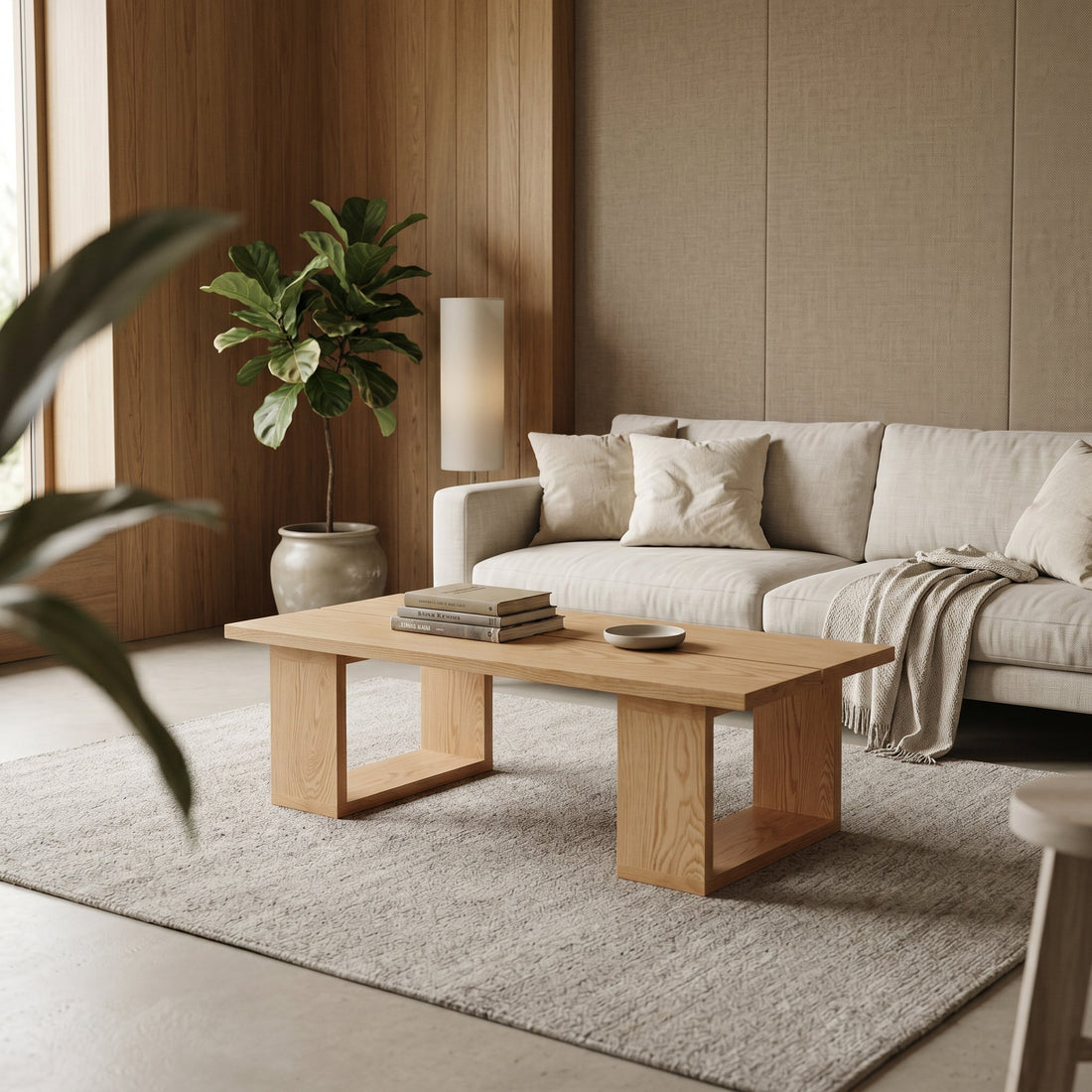 Solid oak coffee table in a minimalist living room