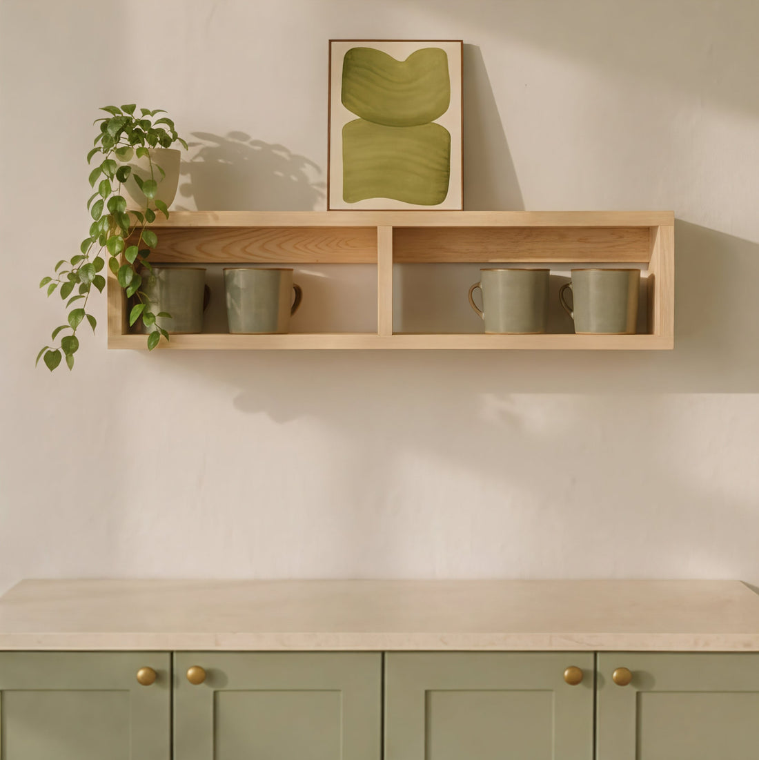 Solid oak wall shelf for mugs and cups with keyhole fixing, styled in a UK kitchen
