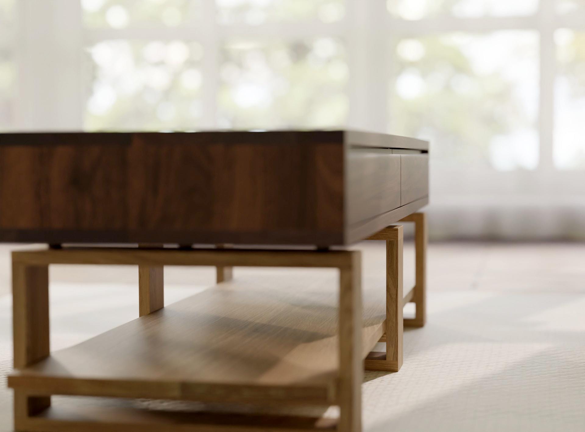 Bohdi American Walnut X Oak Coffee Table – Solid Wood with 4 Drawers & Storage Shelf