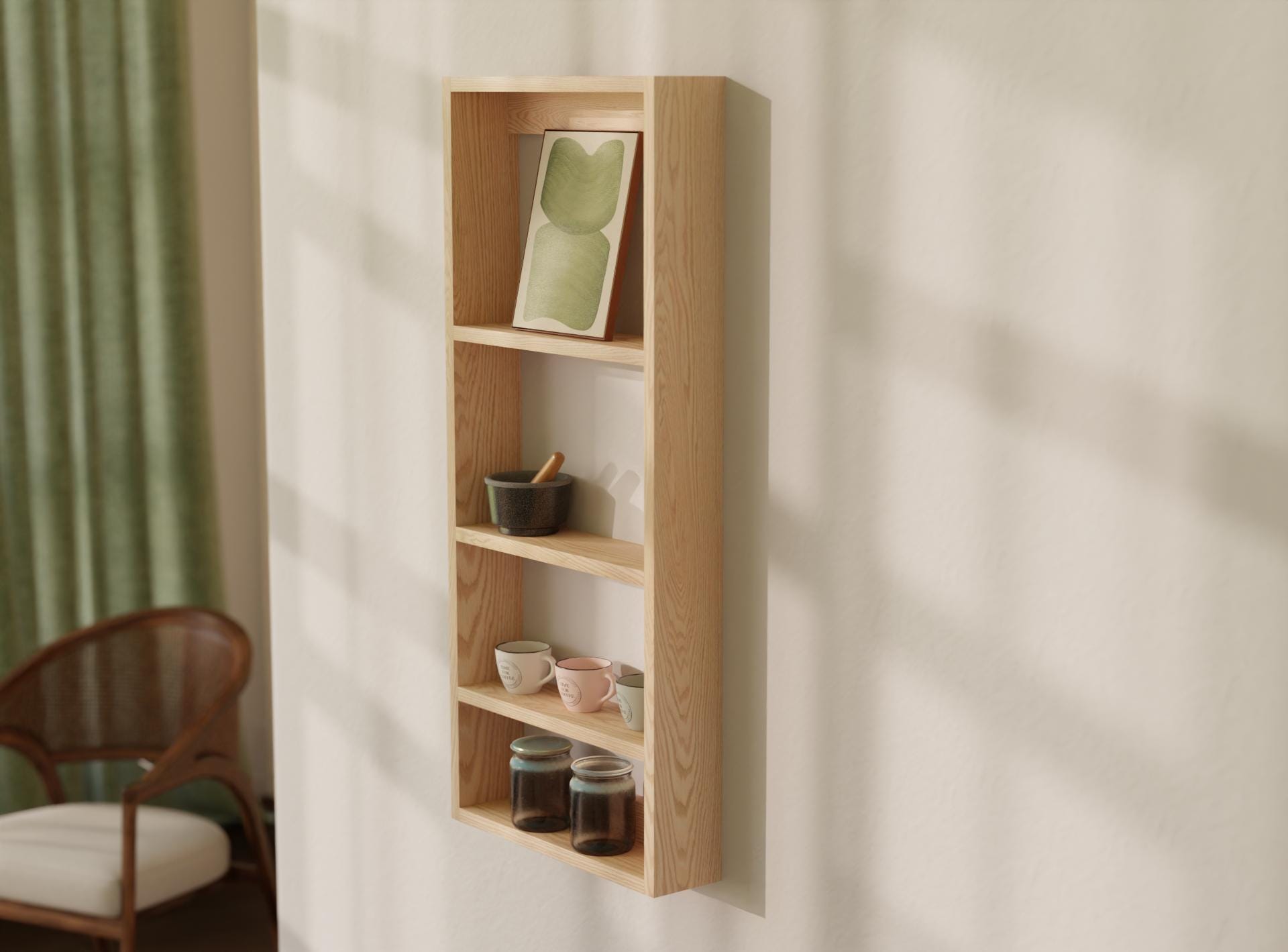 Solid Oak Vertical Wall Shelf – Kitchen Or Hallway Storage