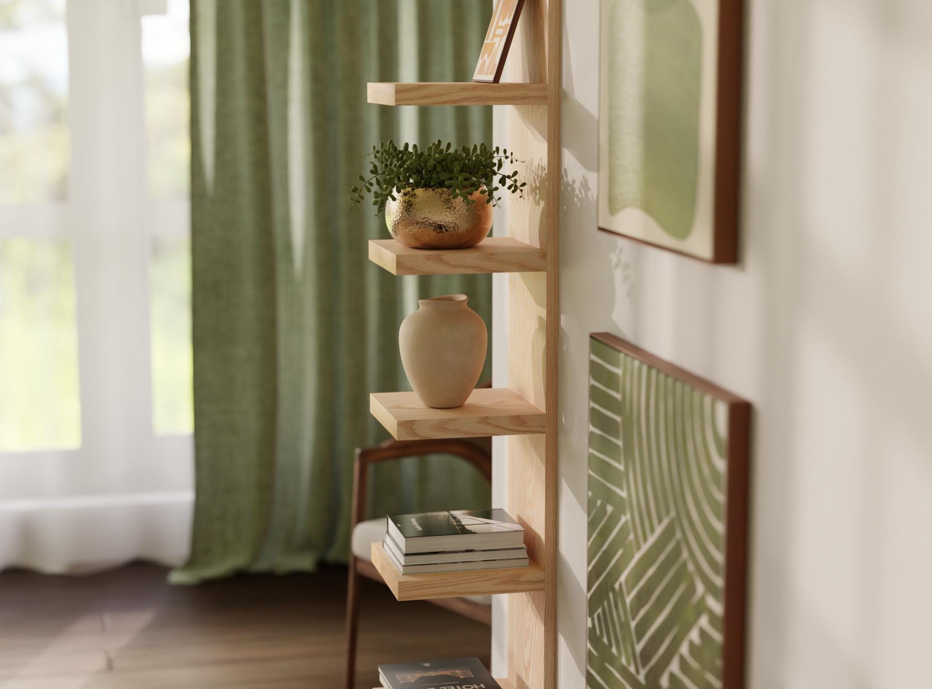 Tall Oak Vertical Tiered Wall Shelf