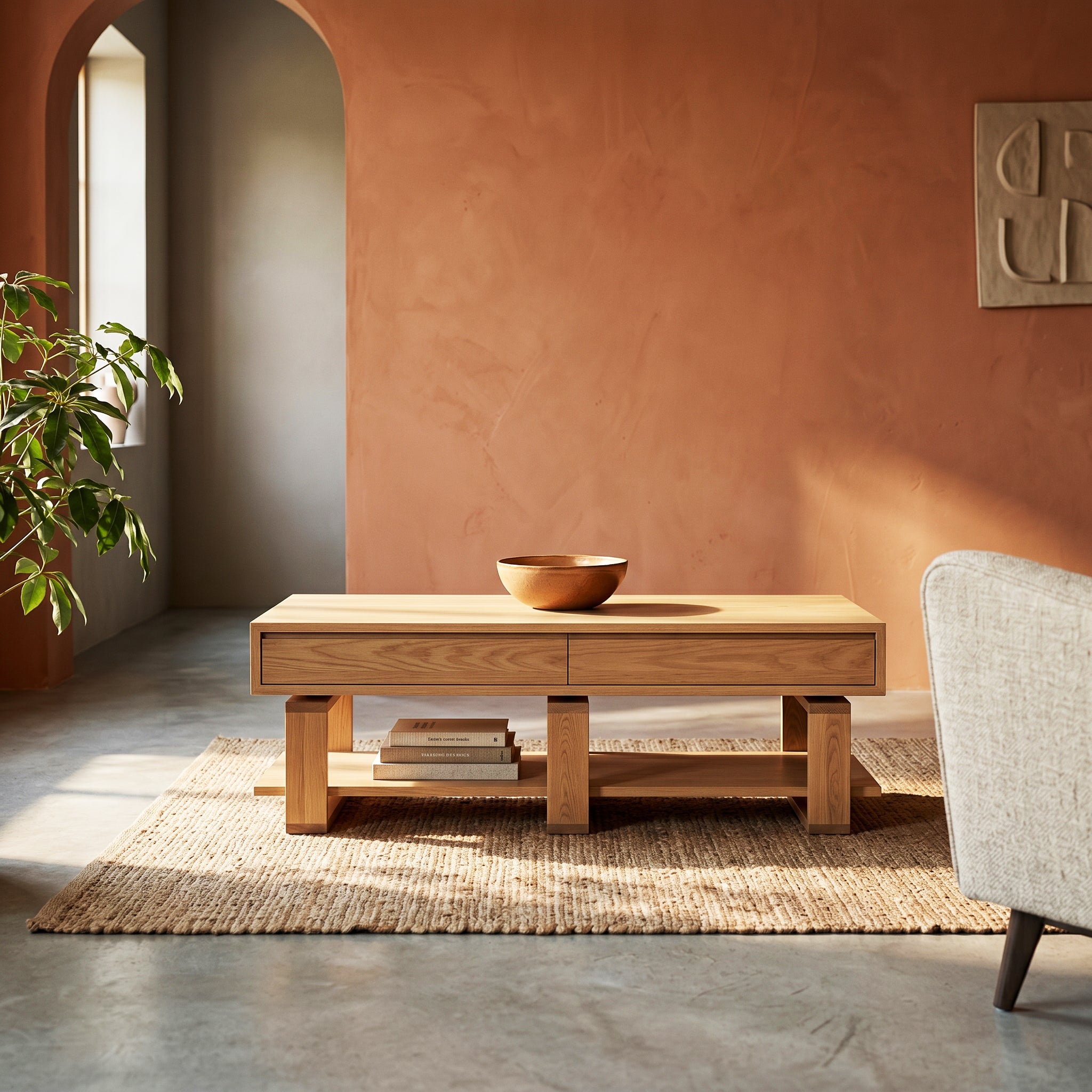 Bohdi American Oak Coffee Table – Solid Wood with 4 Drawers & Storage Shelf