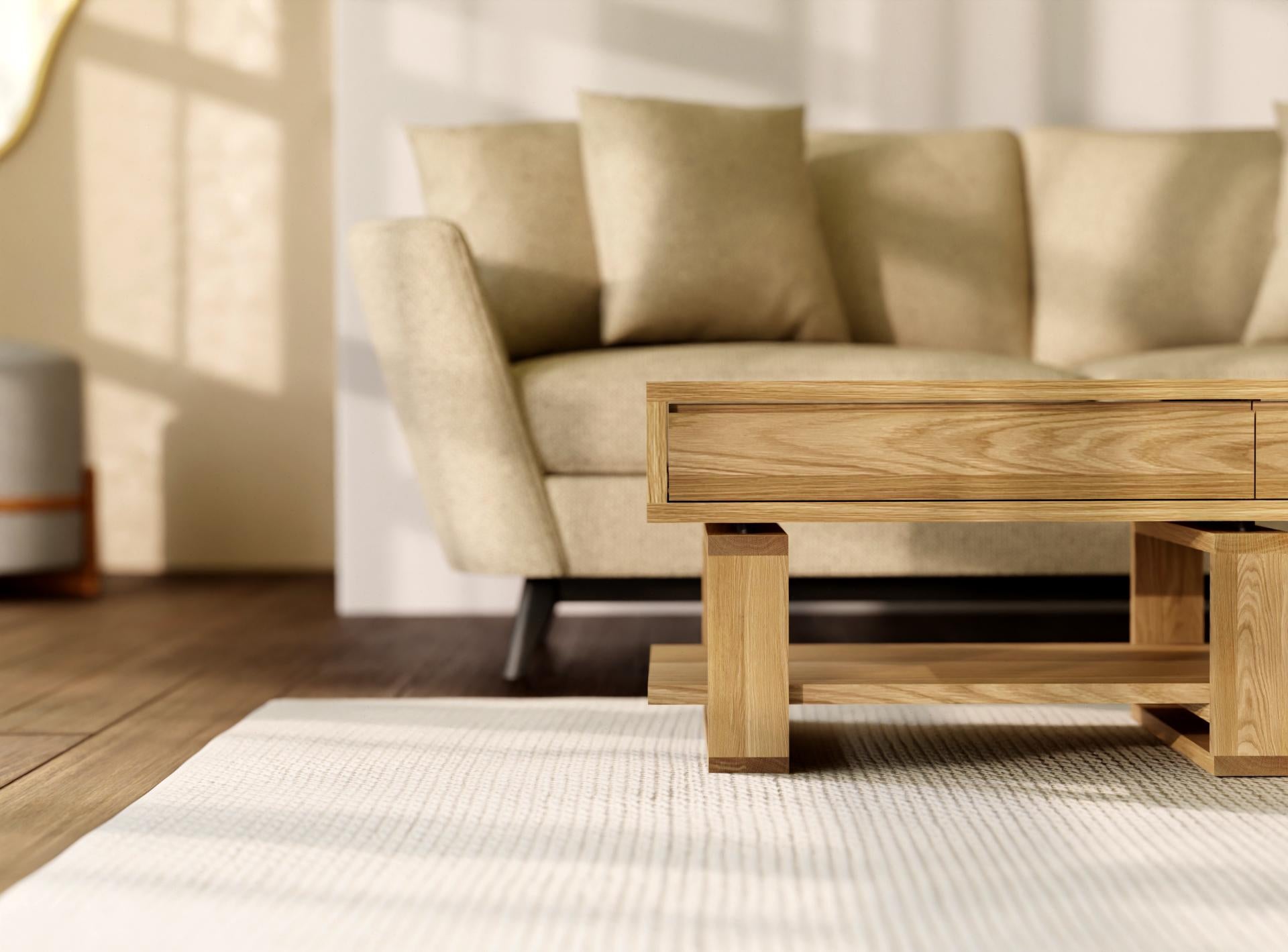 Bohdi American Oak Coffee Table – Solid Wood with 4 Drawers & Storage Shelf