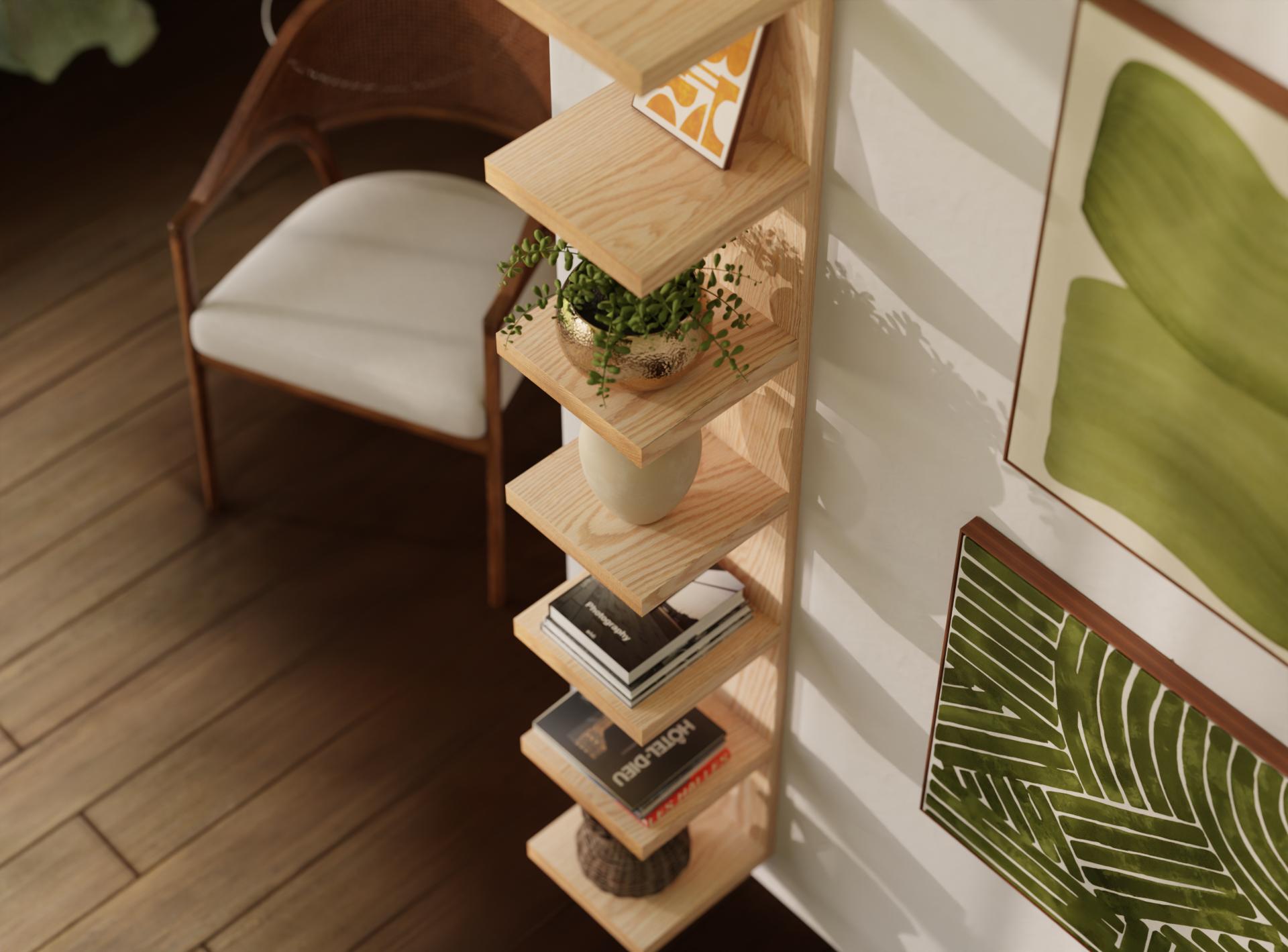 Tall Oak Vertical Tiered Wall Shelf