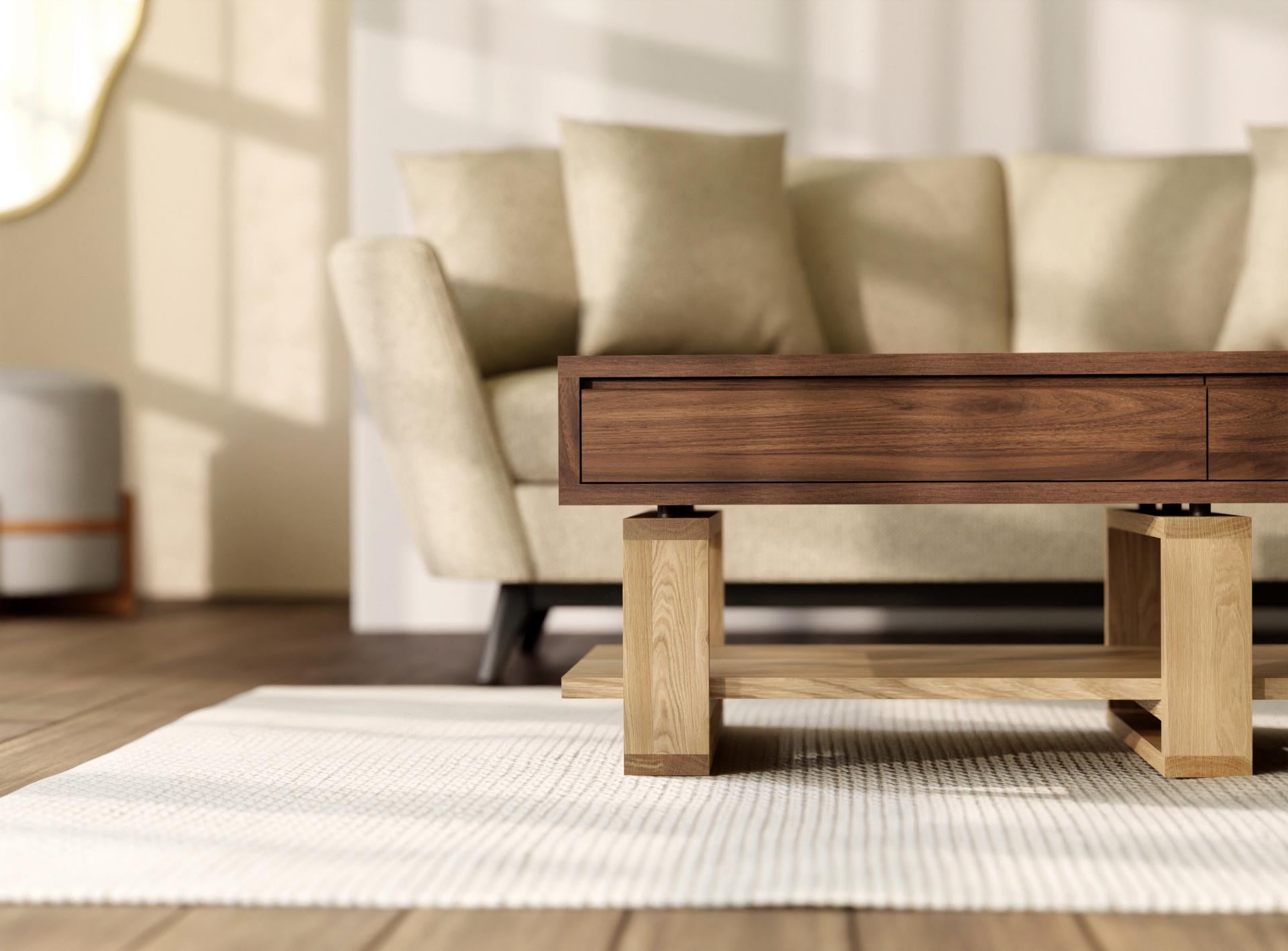 Bohdi American Walnut X Oak Coffee Table – Solid Wood with 4 Drawers & Storage Shelf