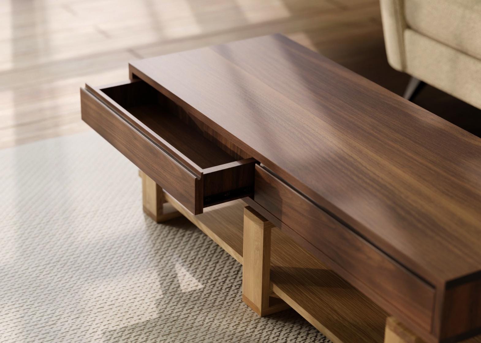 Bohdi American Walnut X Oak Coffee Table – Solid Wood with 4 Drawers & Storage Shelf