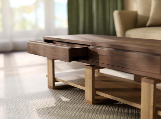 Black Walnut White Oak Coffee Table – Solid Wood with 4 Drawers & Storage Shelf