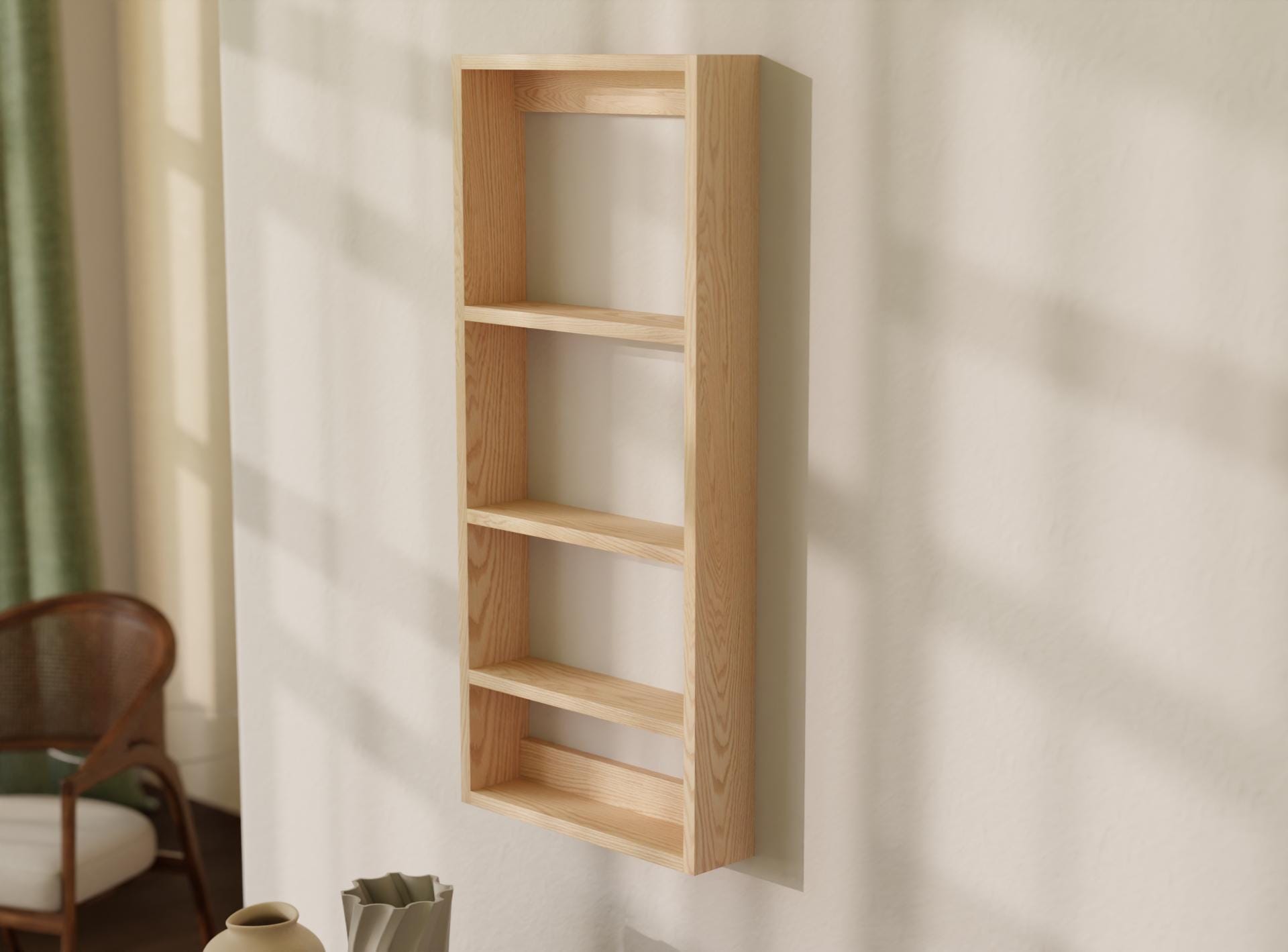 Solid Oak Vertical Wall Shelf – Kitchen Or Hallway Storage