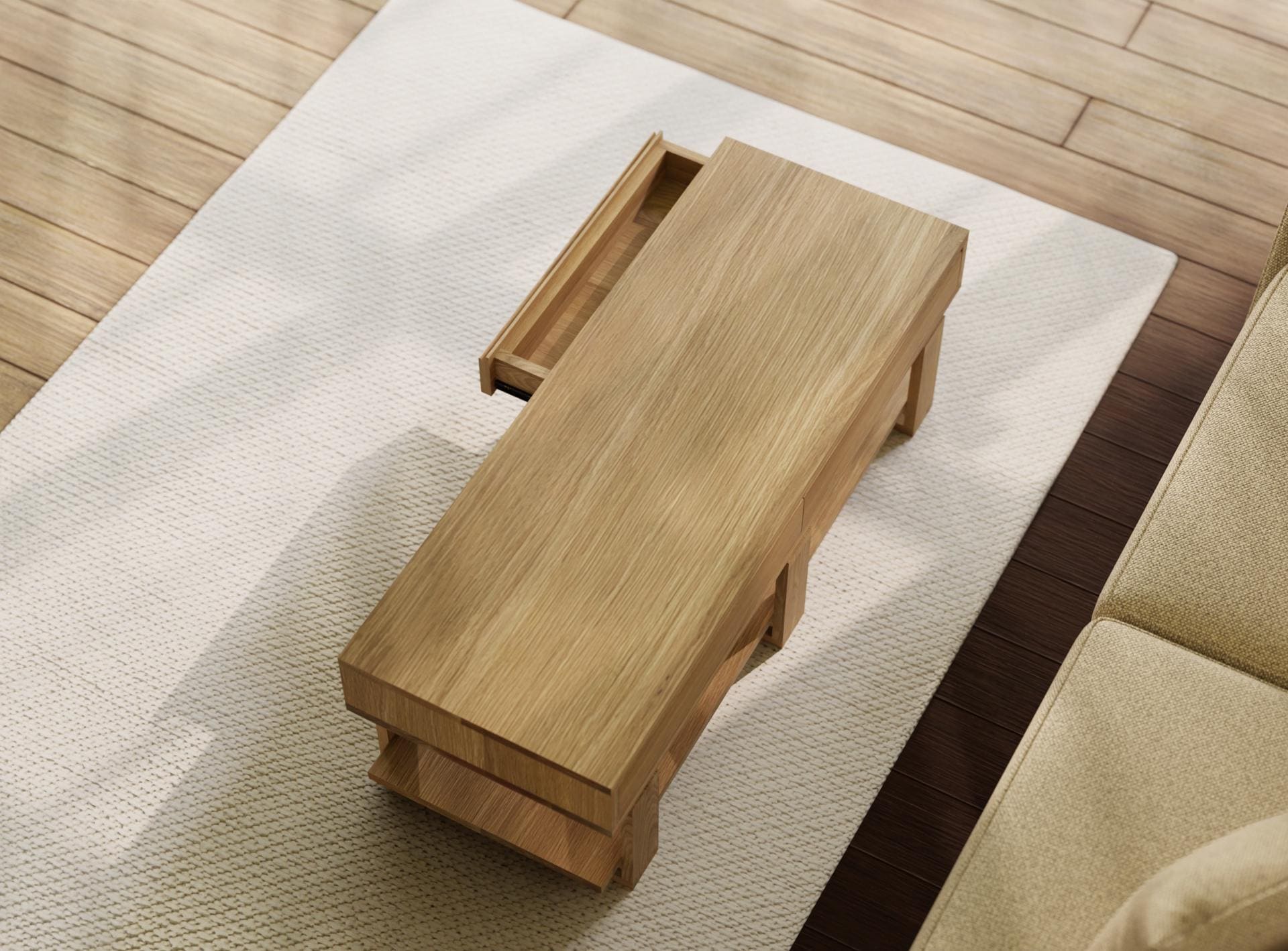 Bohdi American Oak Coffee Table – Solid Wood with 4 Drawers & Storage Shelf