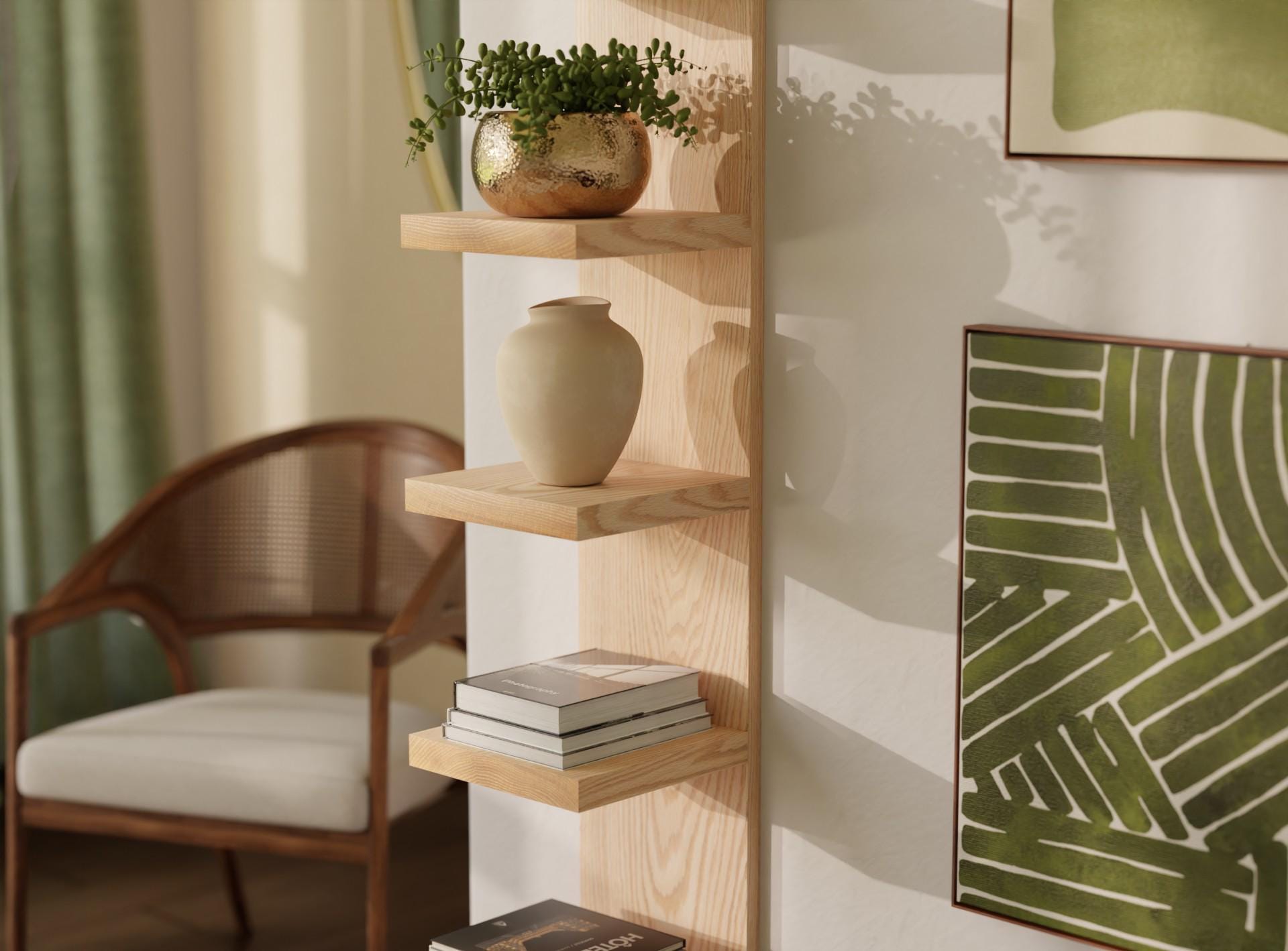 Tall Oak Vertical Tiered Wall Shelf