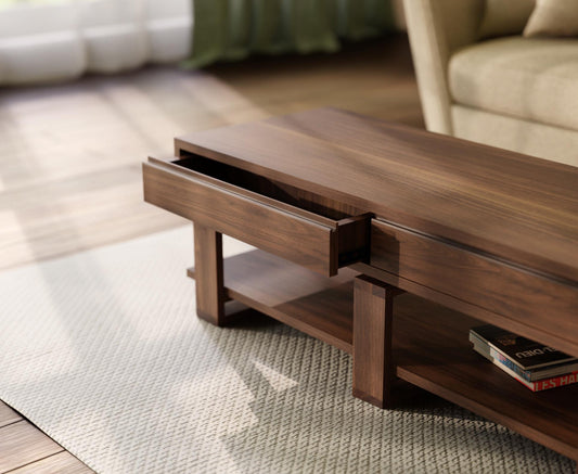 Black Walnut Coffee Table – Solid Wood with 4 Drawers & Storage Shelf