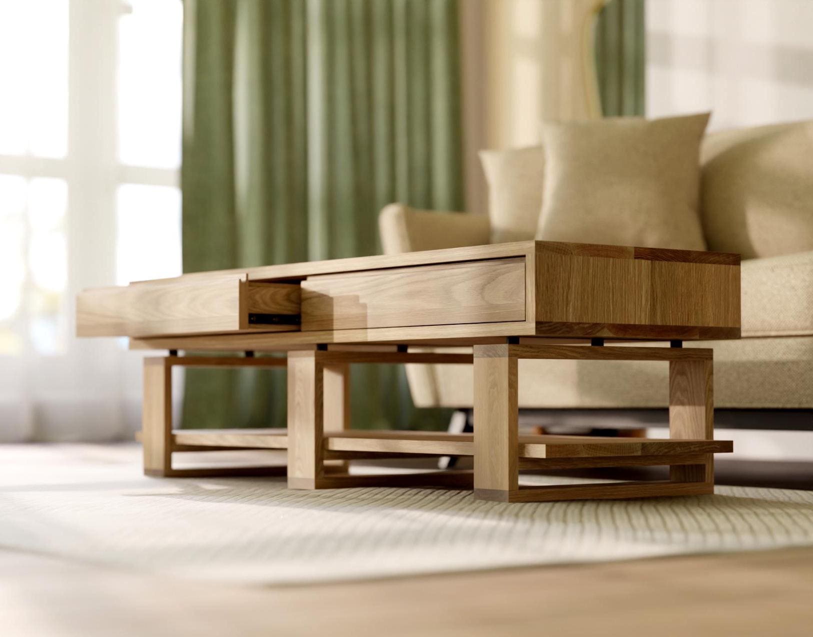 Bohdi American Oak Coffee Table – Solid Wood with 4 Drawers & Storage Shelf