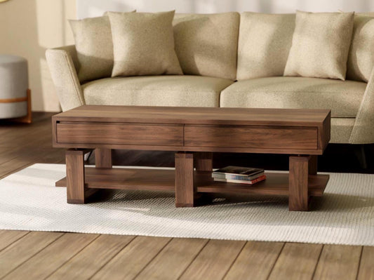 Black Walnut Coffee Table – Solid Wood with 4 Drawers & Storage Shelf