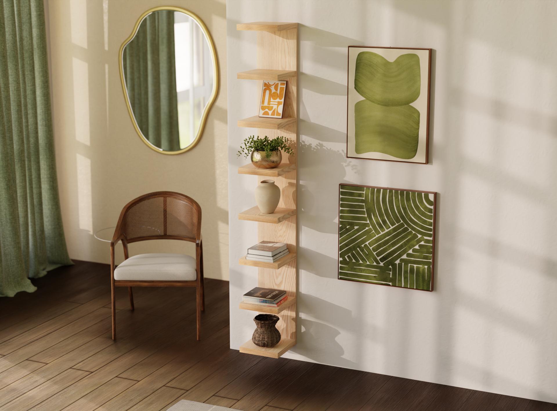 Tall Oak Vertical Tiered Wall Shelf