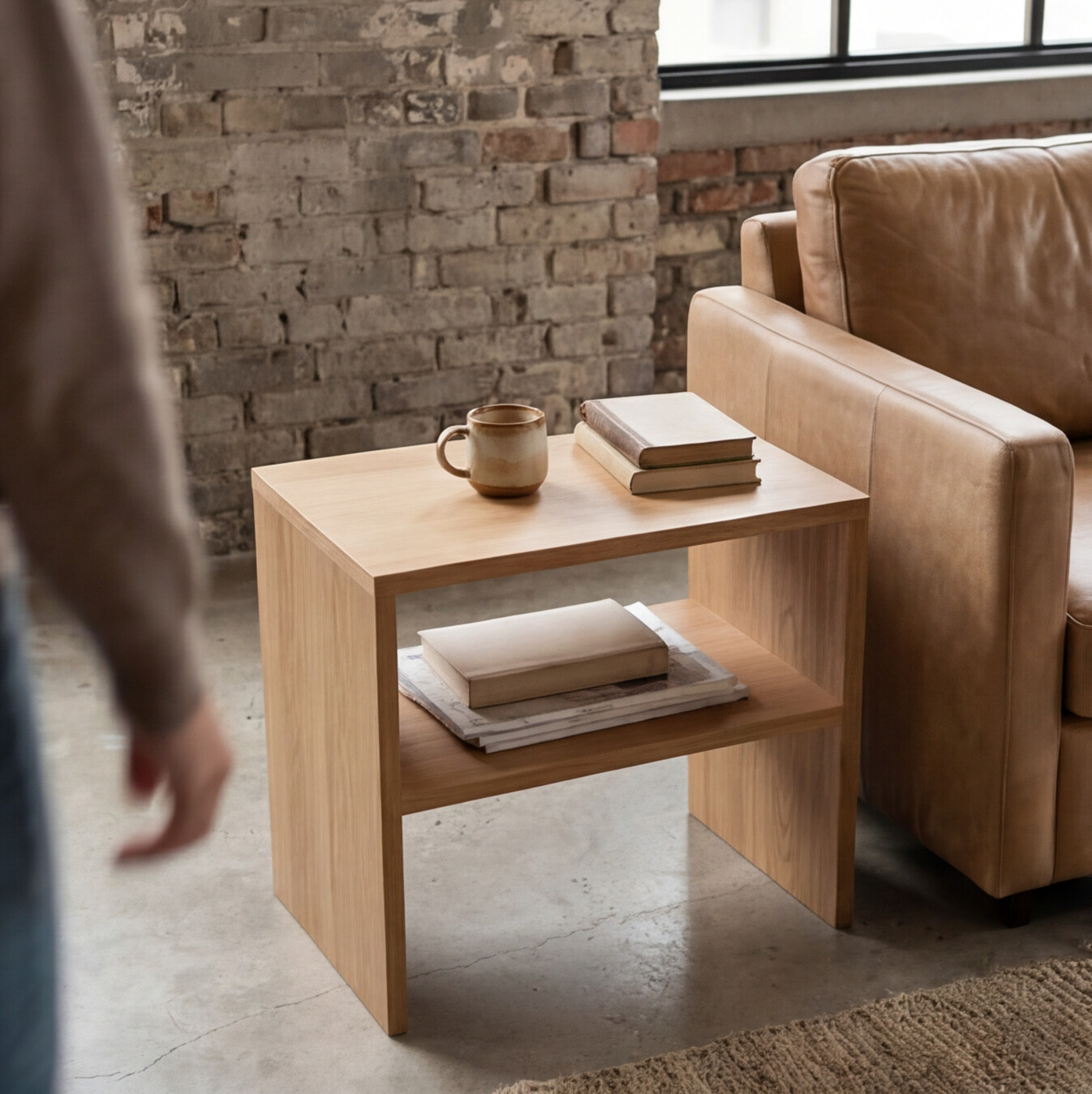 American oak bedside table with natural grain finish side view



