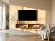 American oak floating TV unit wall-mounted in a modern living room

