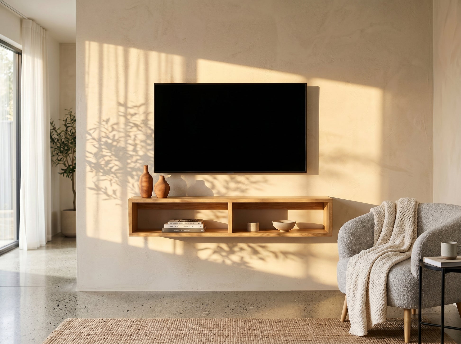American oak floating TV unit wall-mounted in a modern living room

