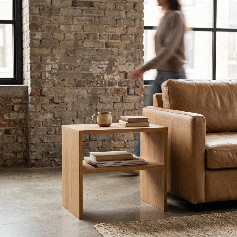 American oak side table in a modern bedroom

