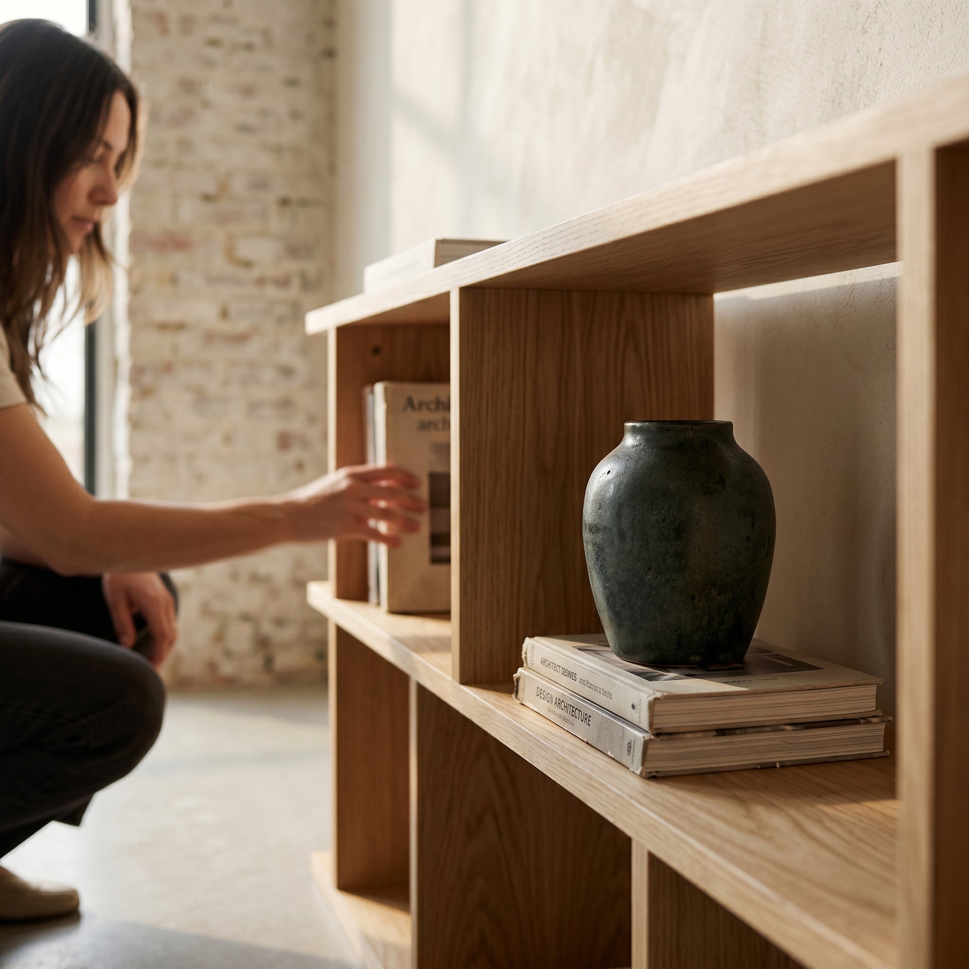 Close-up detail of American oak bookcase solid wood finish

