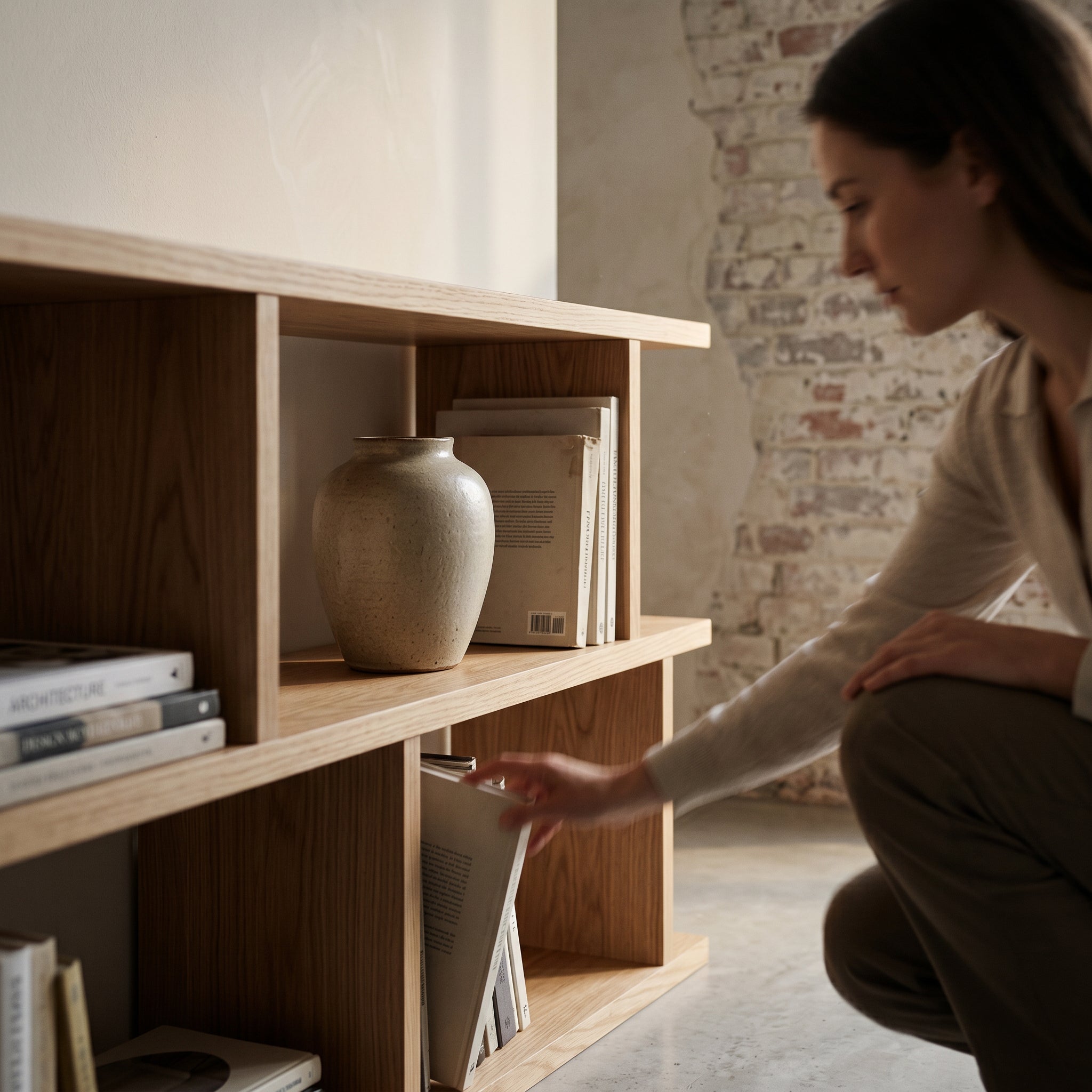 Front view of American oak bookcase with open shelves

