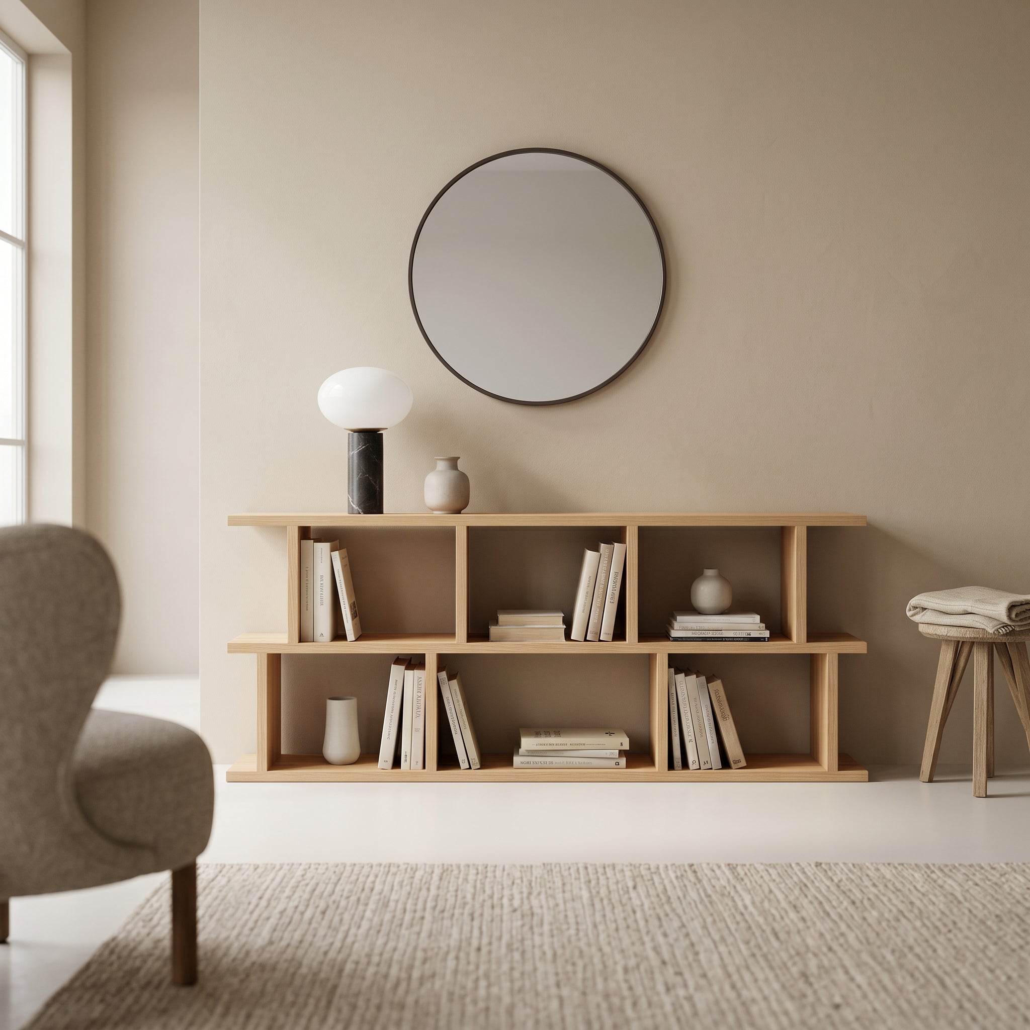 Front view of American oak bookcase with open shelves 1
