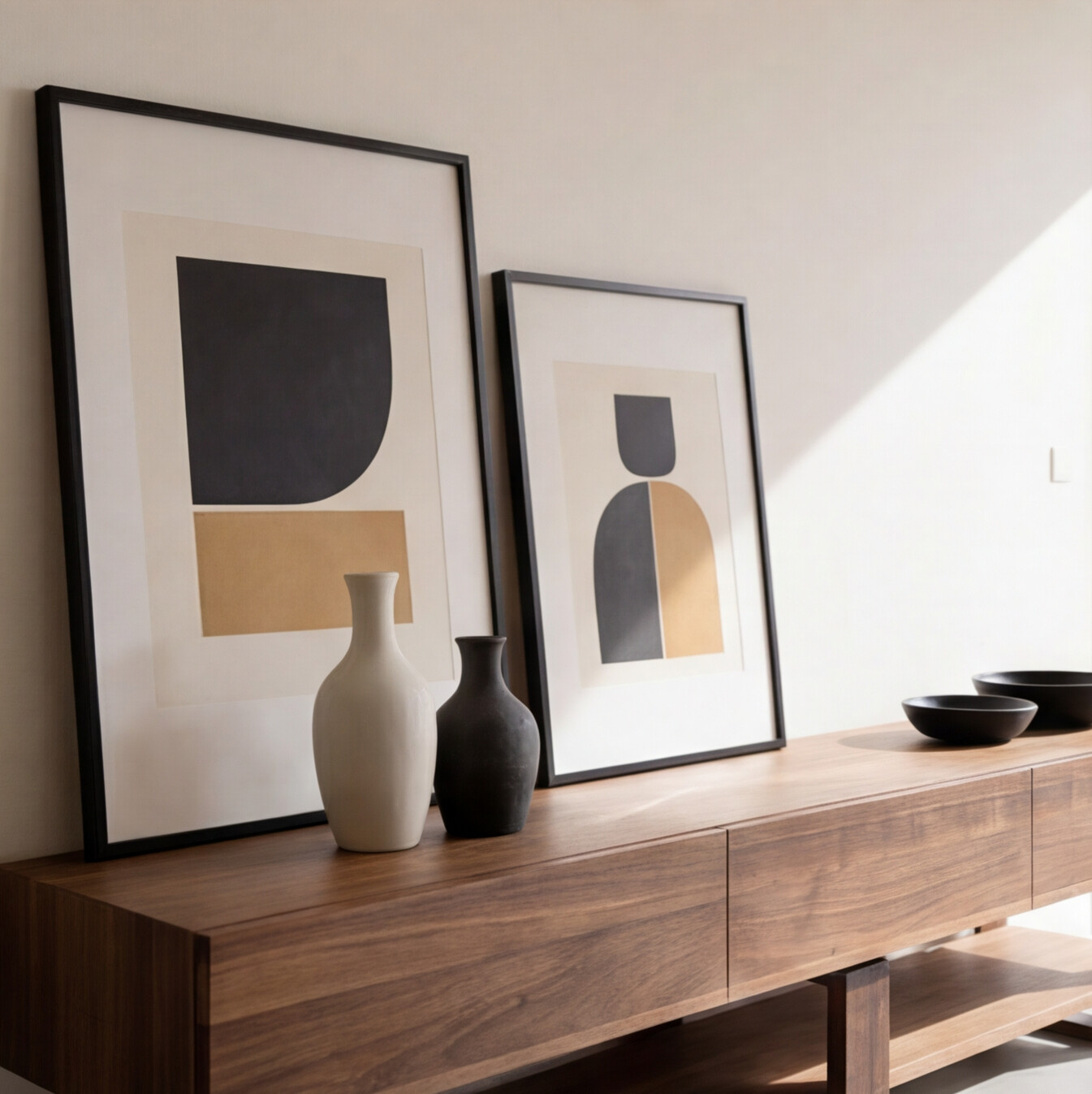 Low-profile walnut TV unit with open shelf storage


