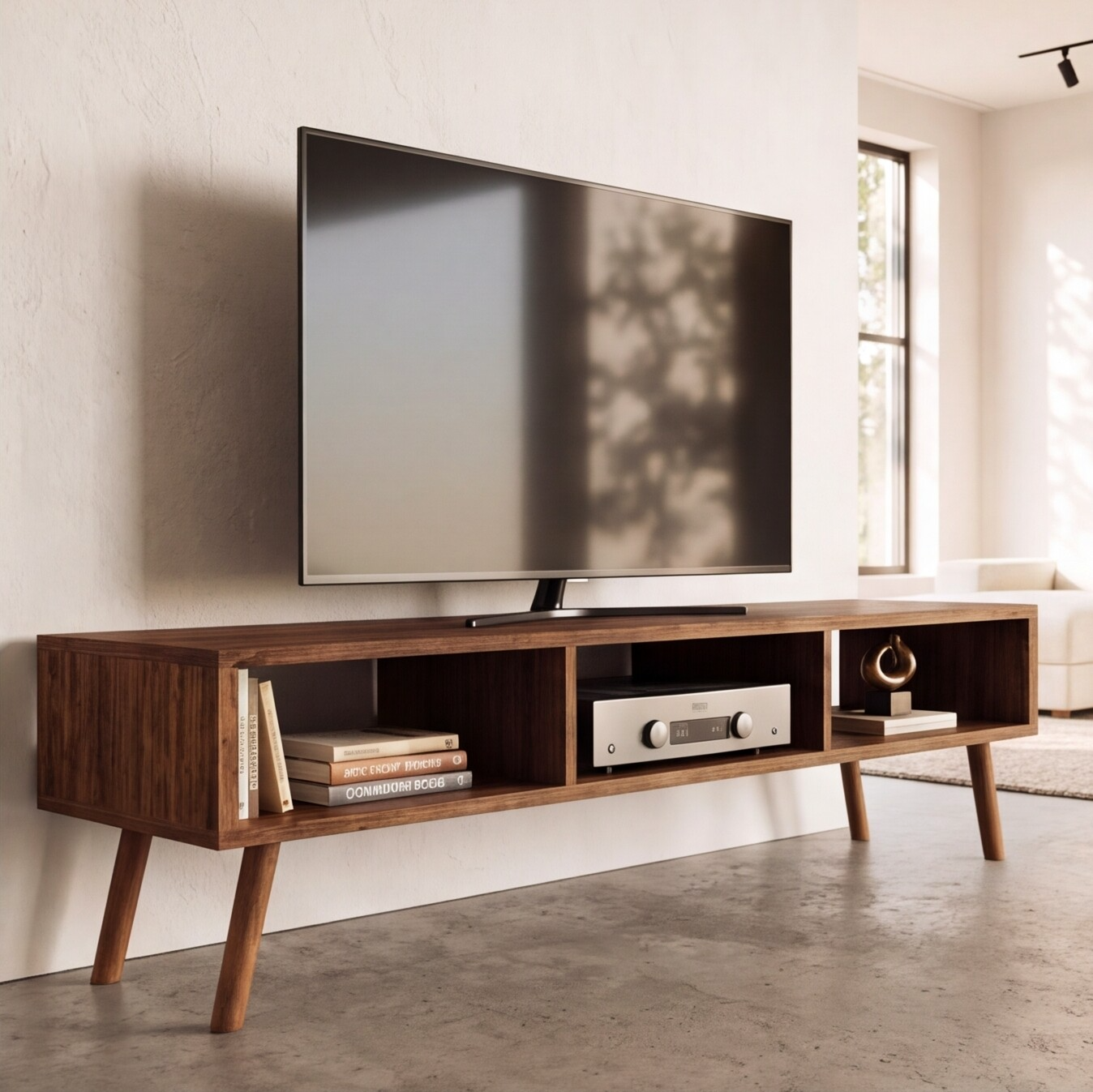 Solid Redwood Mid-Century TV Stand & Media Cabinet