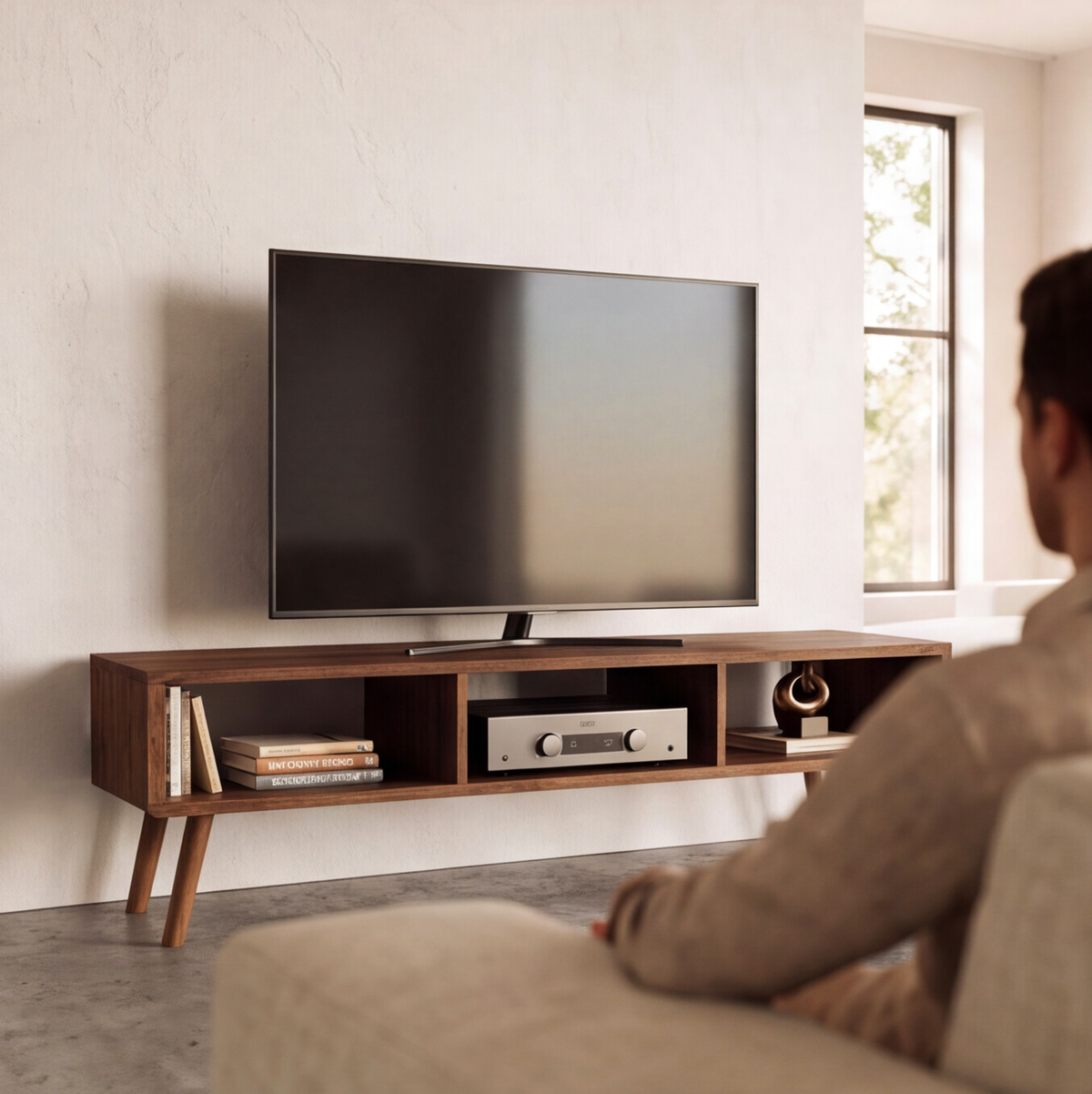 Solid Redwood Mid-Century TV Stand & Media Cabinet