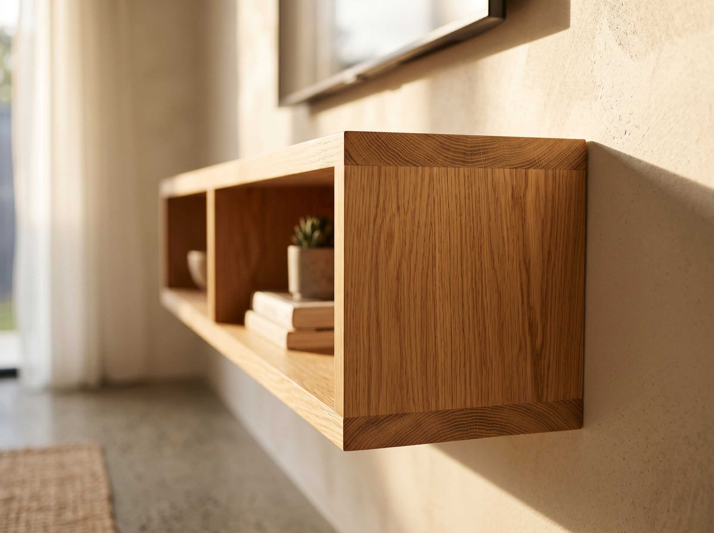 Side view of American oak floating TV unit with storage

