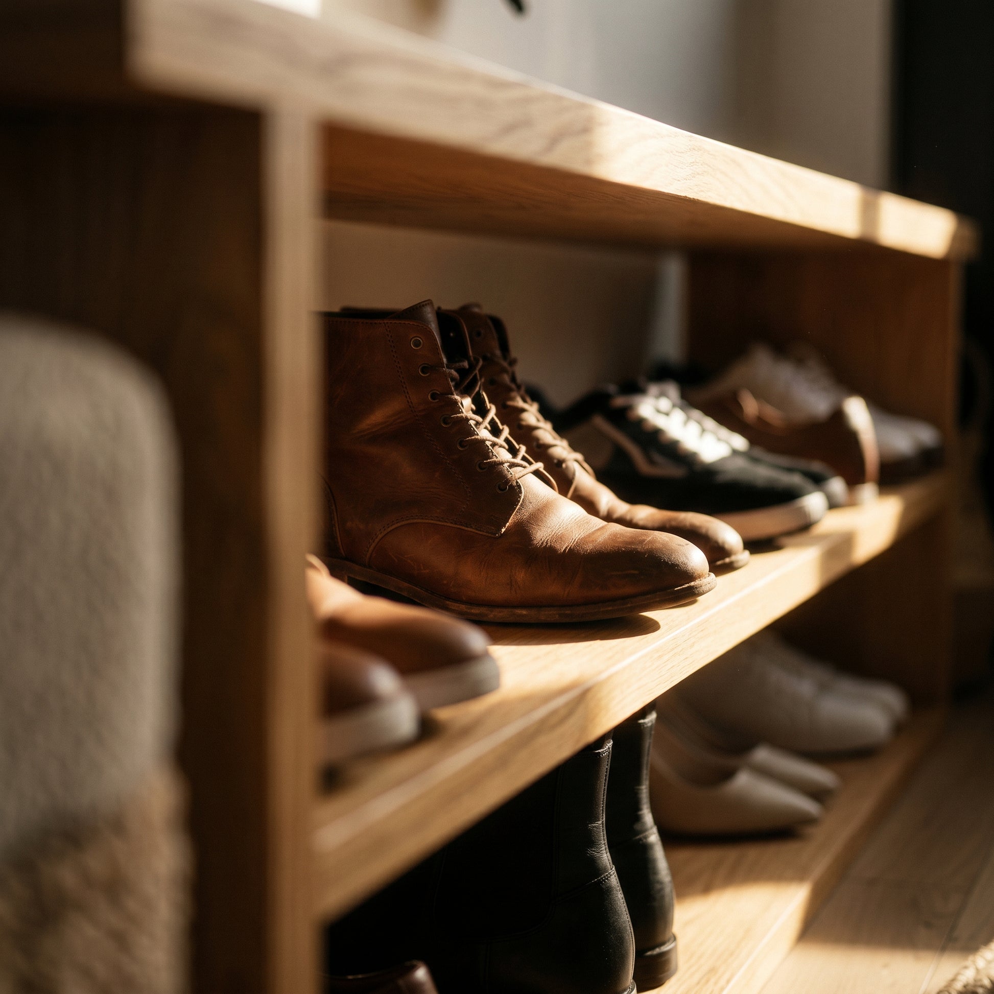 Wooden shoe rack in solid oak for hallway organisation


