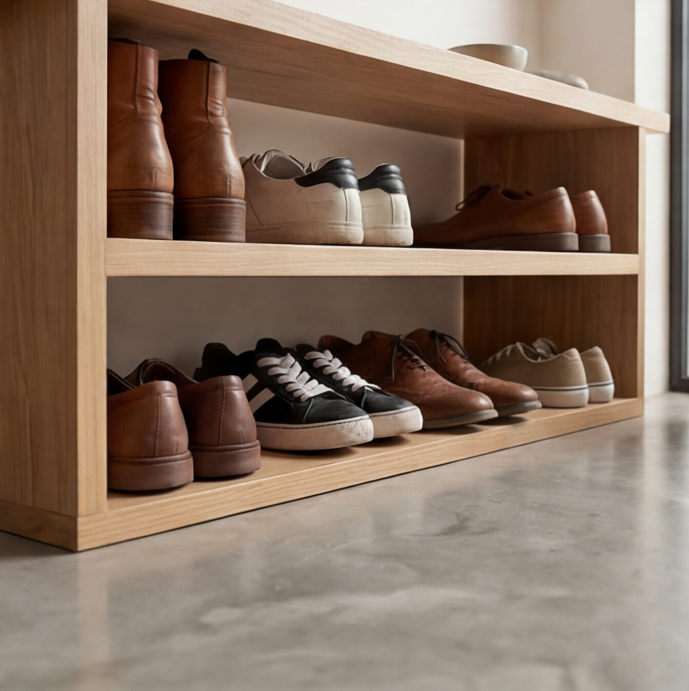 Wooden shoe rack in solid oak for hallway organisation

 1