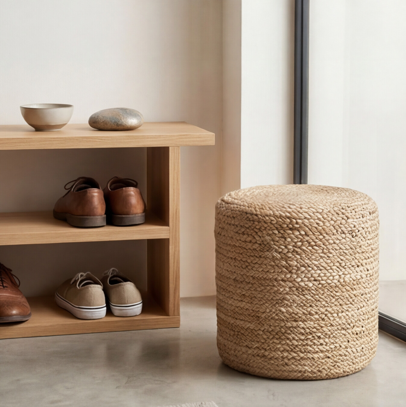 Wooden shoe rack in solid oak for hallway organisation side view

