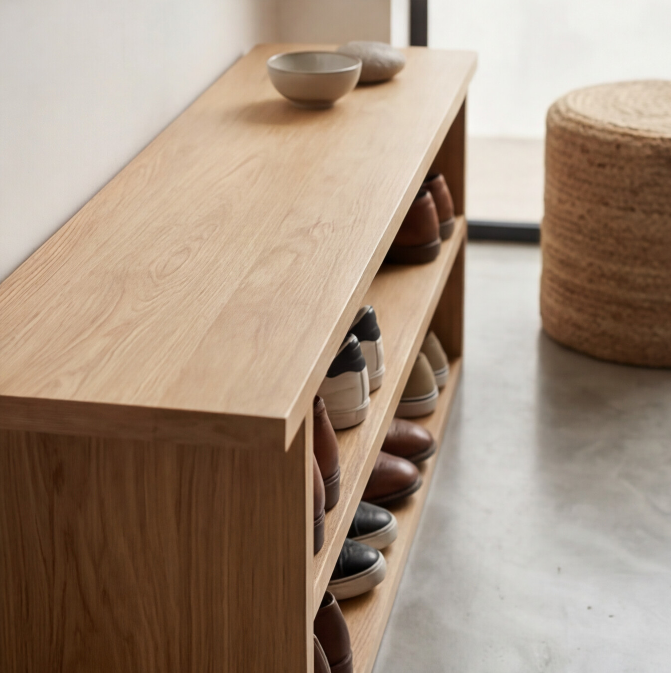 Wooden shoe rack in solid oak for hallway organisation top view


