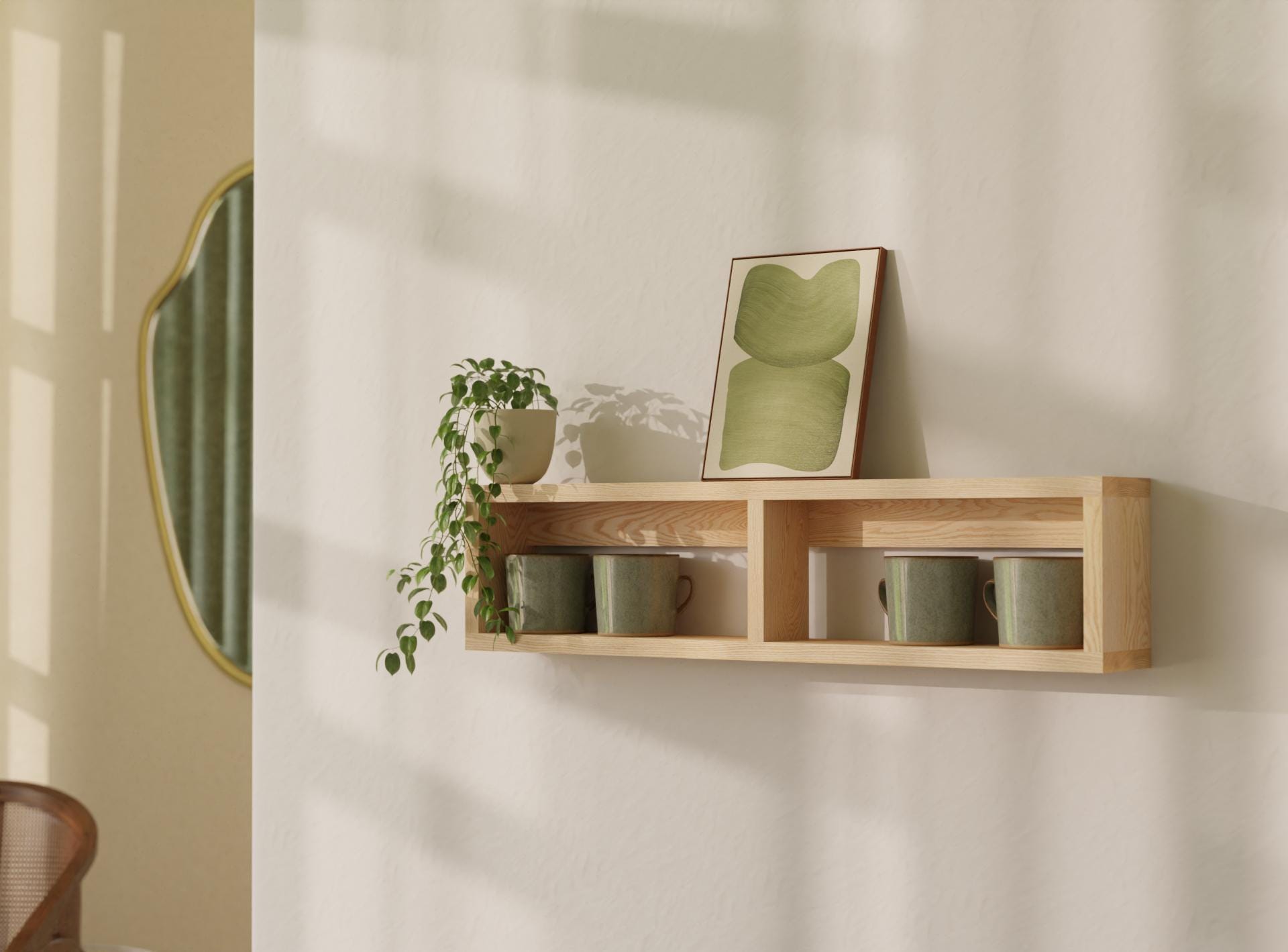 Oak Wall Shelf for Mugs, Cups & Kitchen Storage