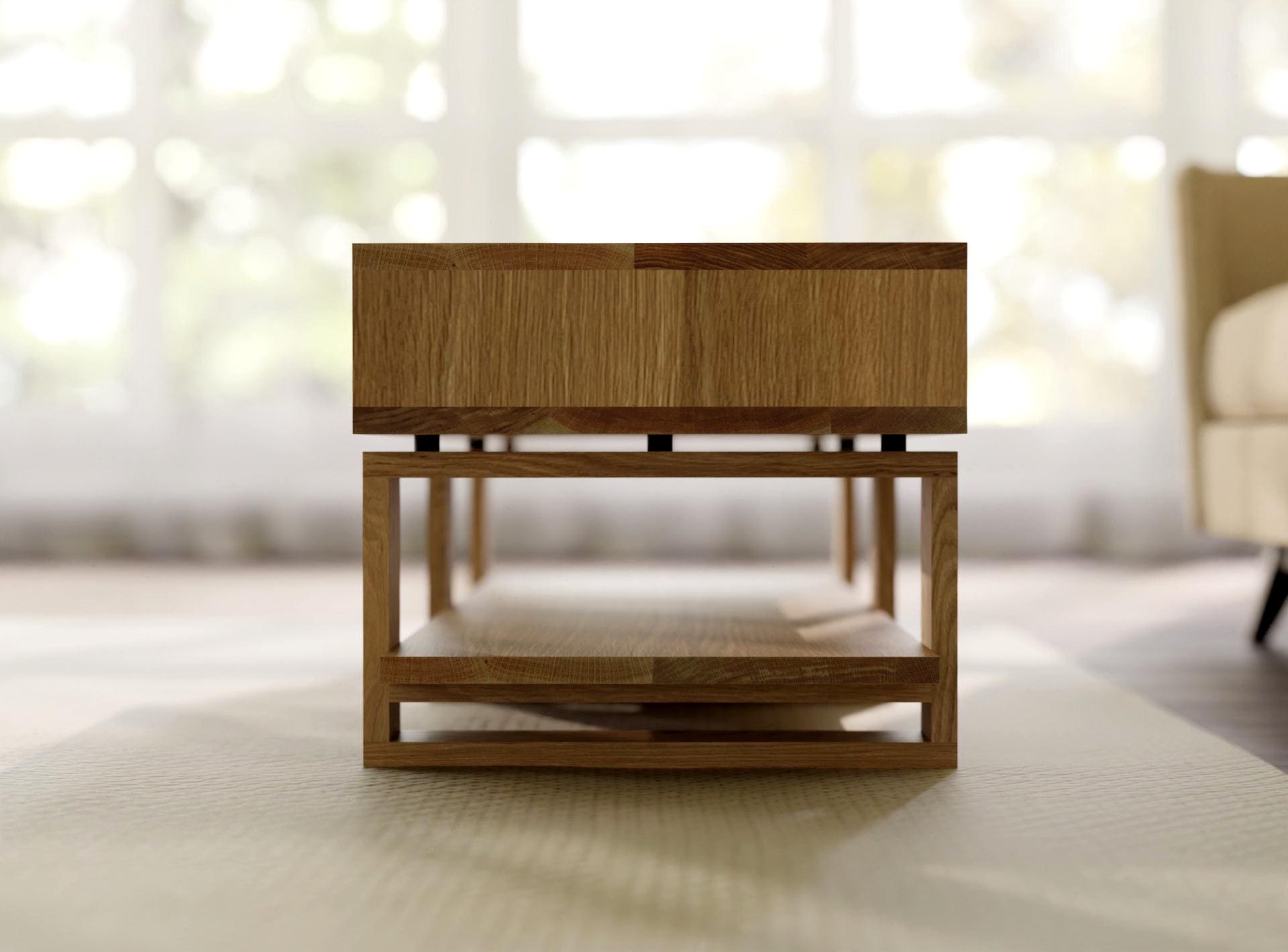 Bohdi American Oak Coffee Table – Solid Wood with 4 Drawers & Storage Shelf