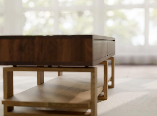 Black Walnut White Oak Coffee Table – Solid Wood with 4 Drawers & Storage Shelf