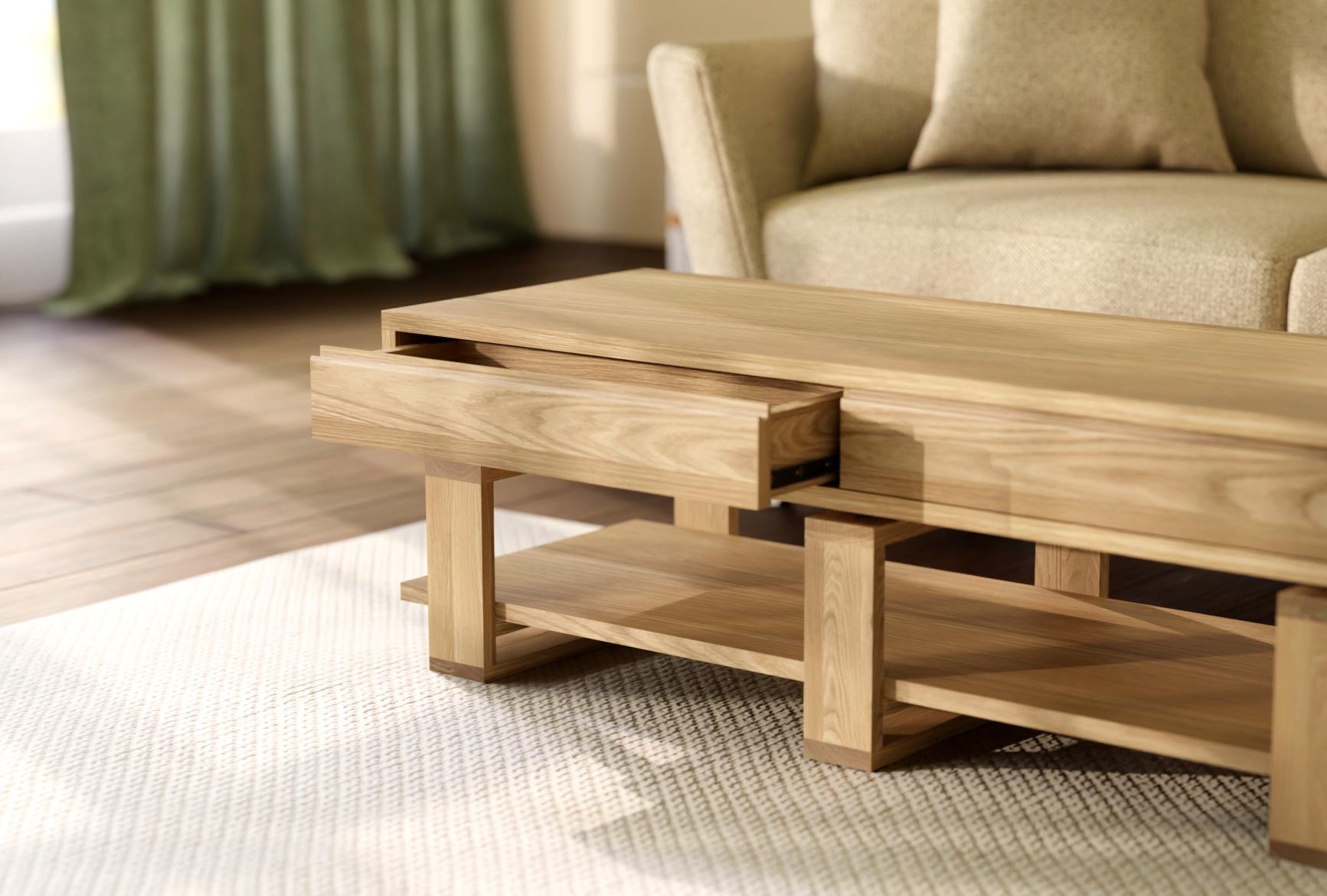 Bohdi American Oak Coffee Table – Solid Wood with 4 Drawers & Storage Shelf