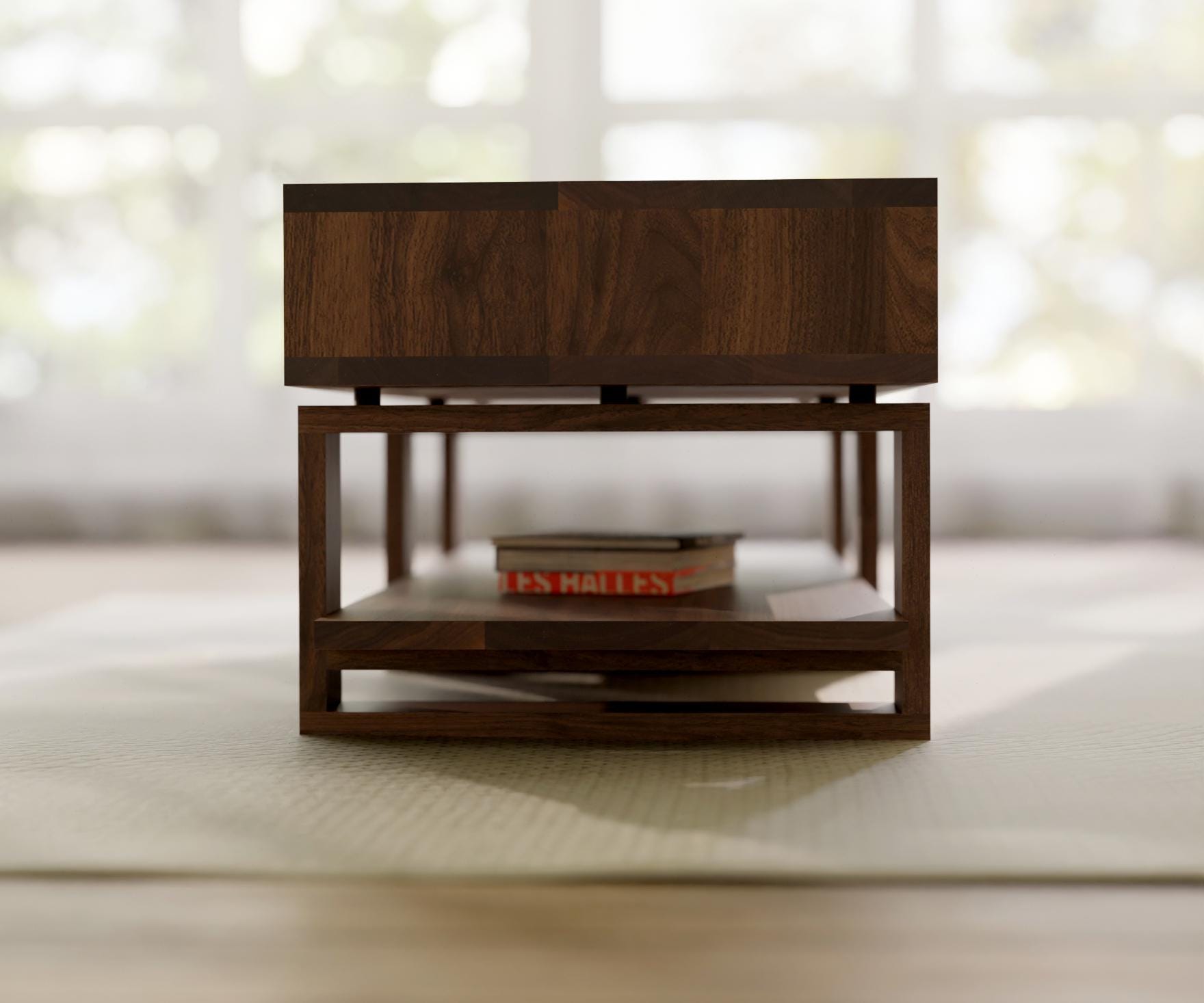 Bodhi Black Walnut Coffee Table – Solid Wood with 4 Drawers & Storage Shelf
