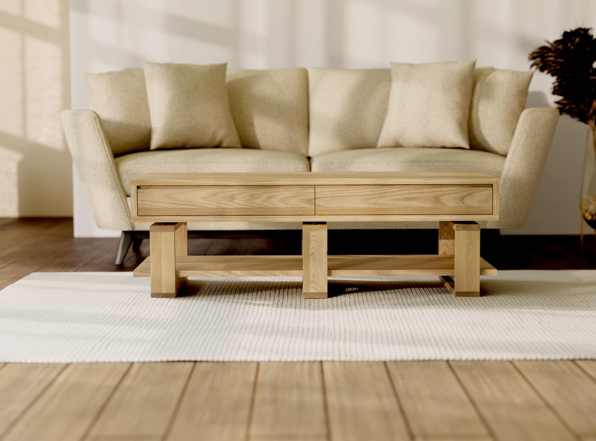 Bohdi American Oak Coffee Table – Solid Wood with 4 Drawers & Storage Shelf