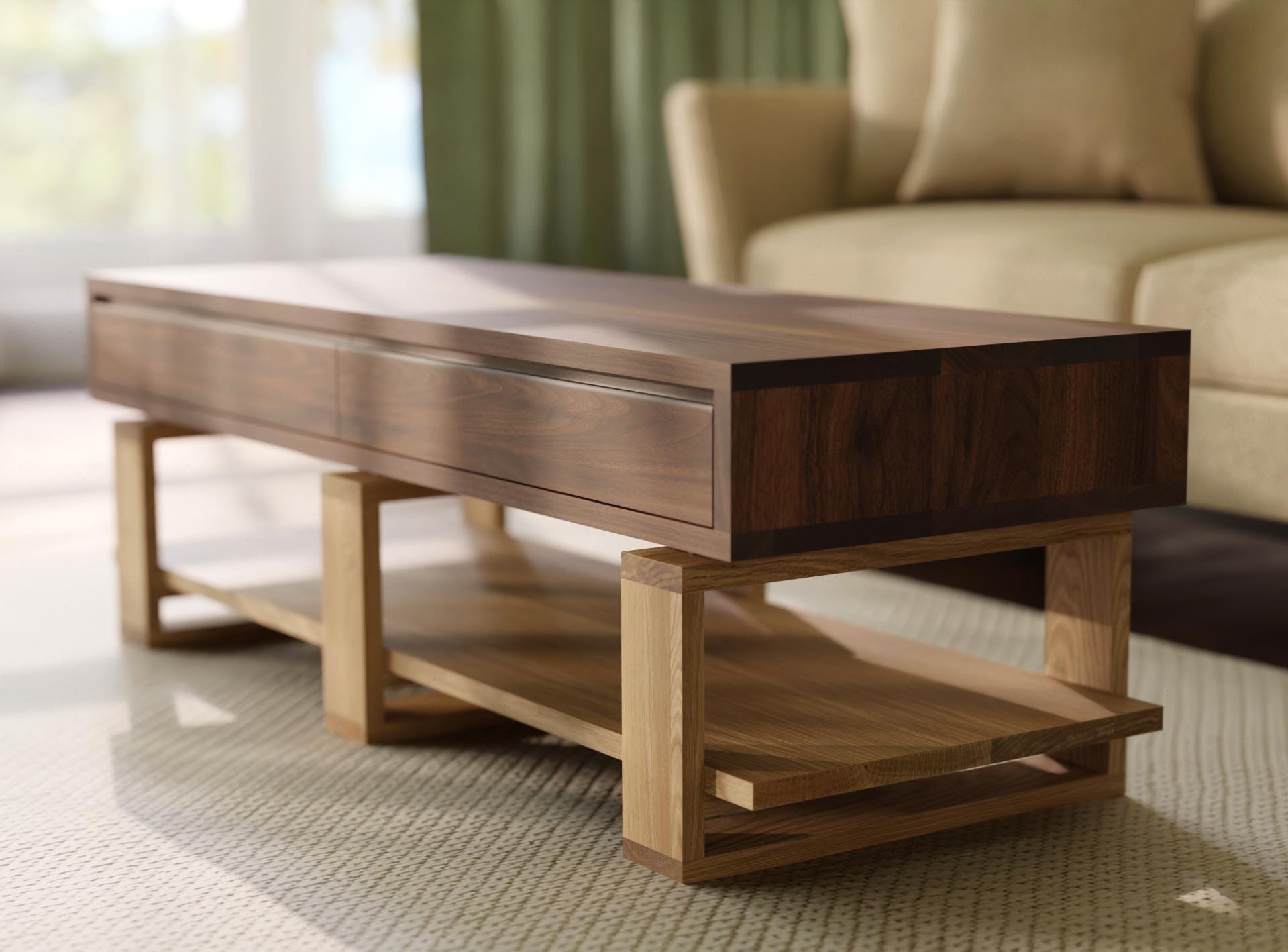 Bohdi American Walnut X Oak Coffee Table – Solid Wood with 4 Drawers & Storage Shelf