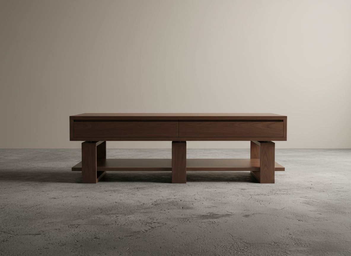 Bodhi Black Walnut Coffee Table – Solid Wood with 4 Drawers & Storage Shelf