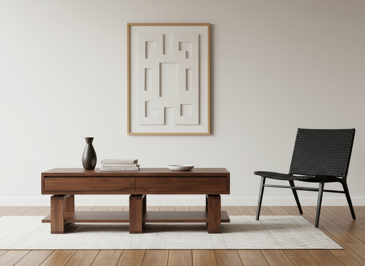 Bodhi Black Walnut Coffee Table – Solid Wood with 4 Drawers & Storage Shelf