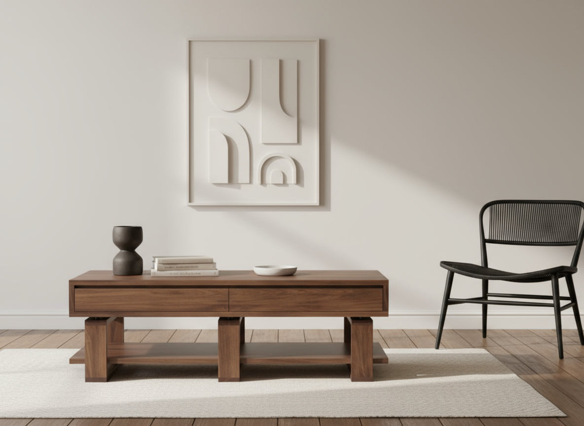 Bodhi Black Walnut Coffee Table – Solid Wood with 4 Drawers & Storage Shelf