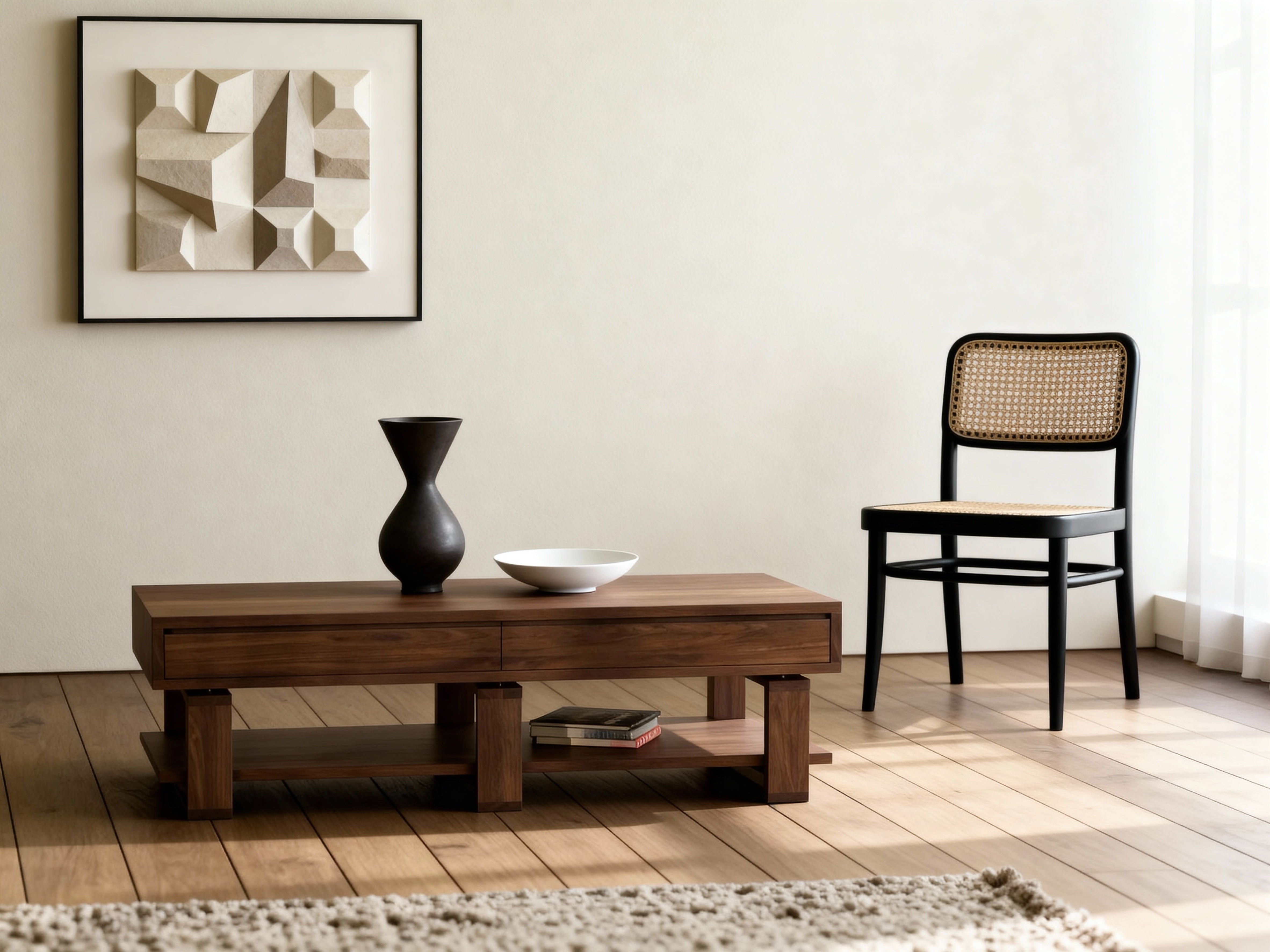 Bodhi Black Walnut Coffee Table – Solid Wood with 4 Drawers & Storage Shelf