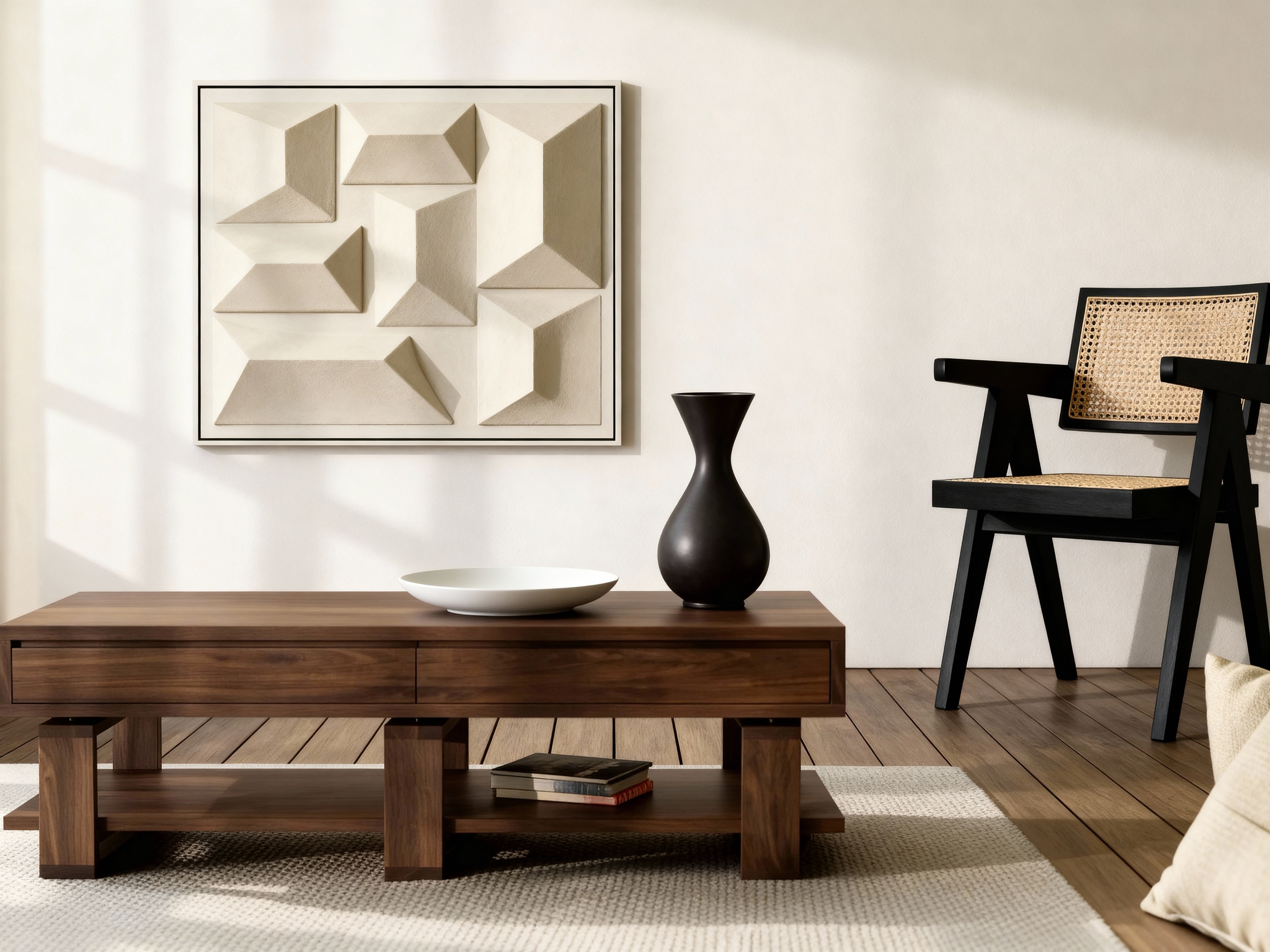 Bodhi Black Walnut Coffee Table – Solid Wood with 4 Drawers & Storage Shelf