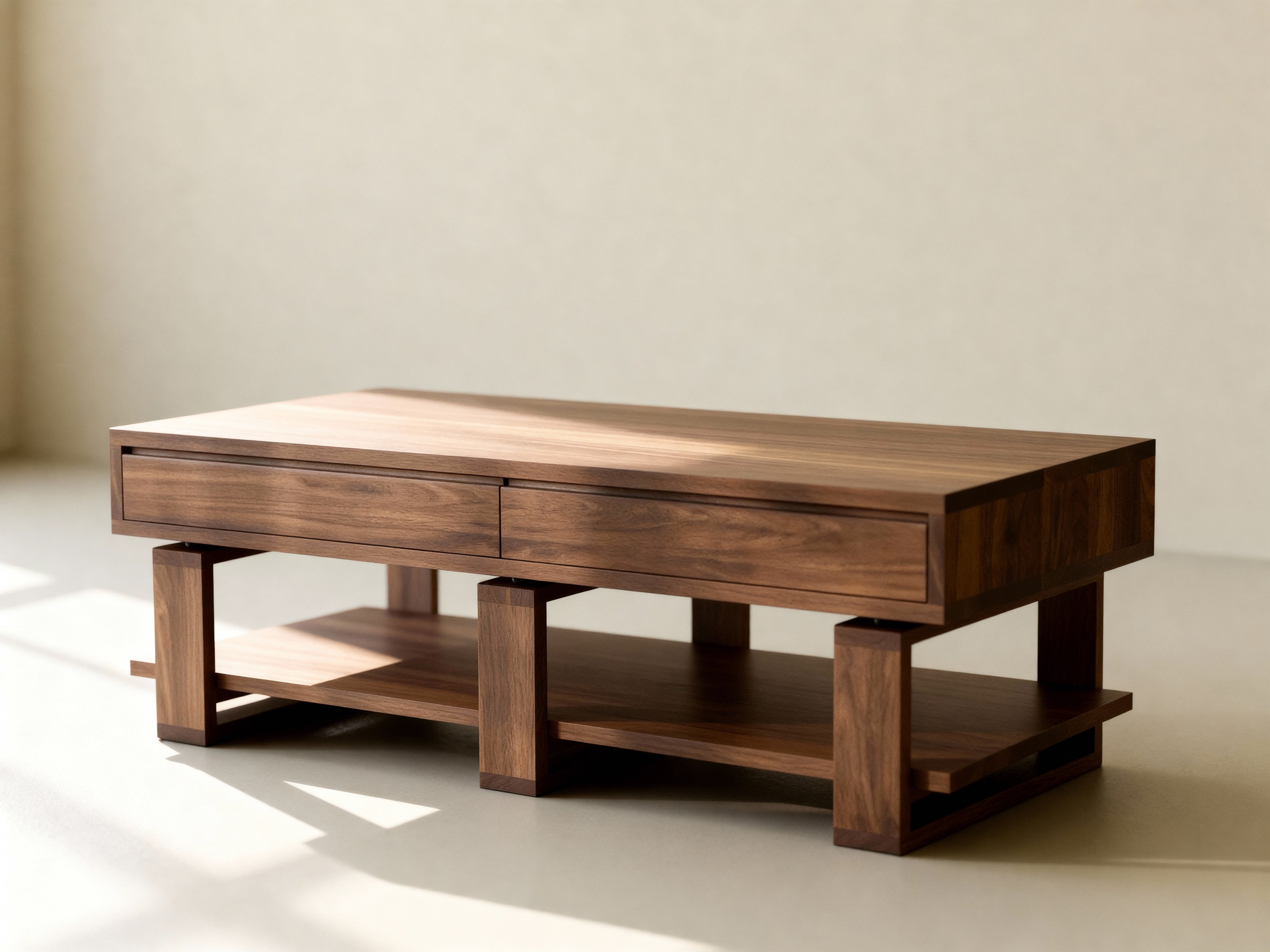 Bodhi Black Walnut Coffee Table – Solid Wood with 4 Drawers & Storage Shelf