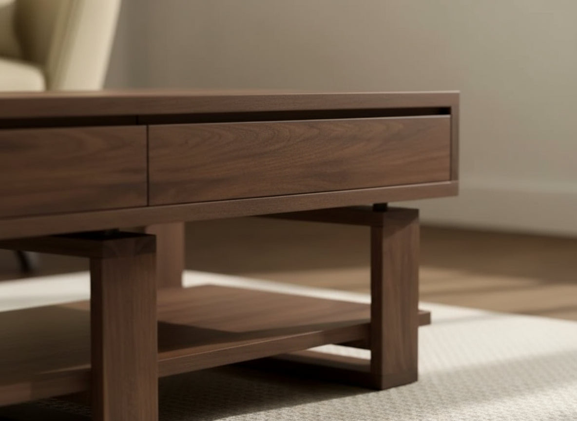 Bodhi Black Walnut Coffee Table – Solid Wood with 4 Drawers & Storage Shelf