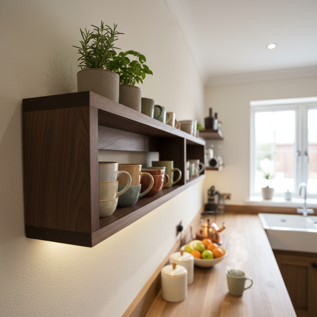 Black Walnut Wall Shelf for Mugs, Cups & Kitchen Storage